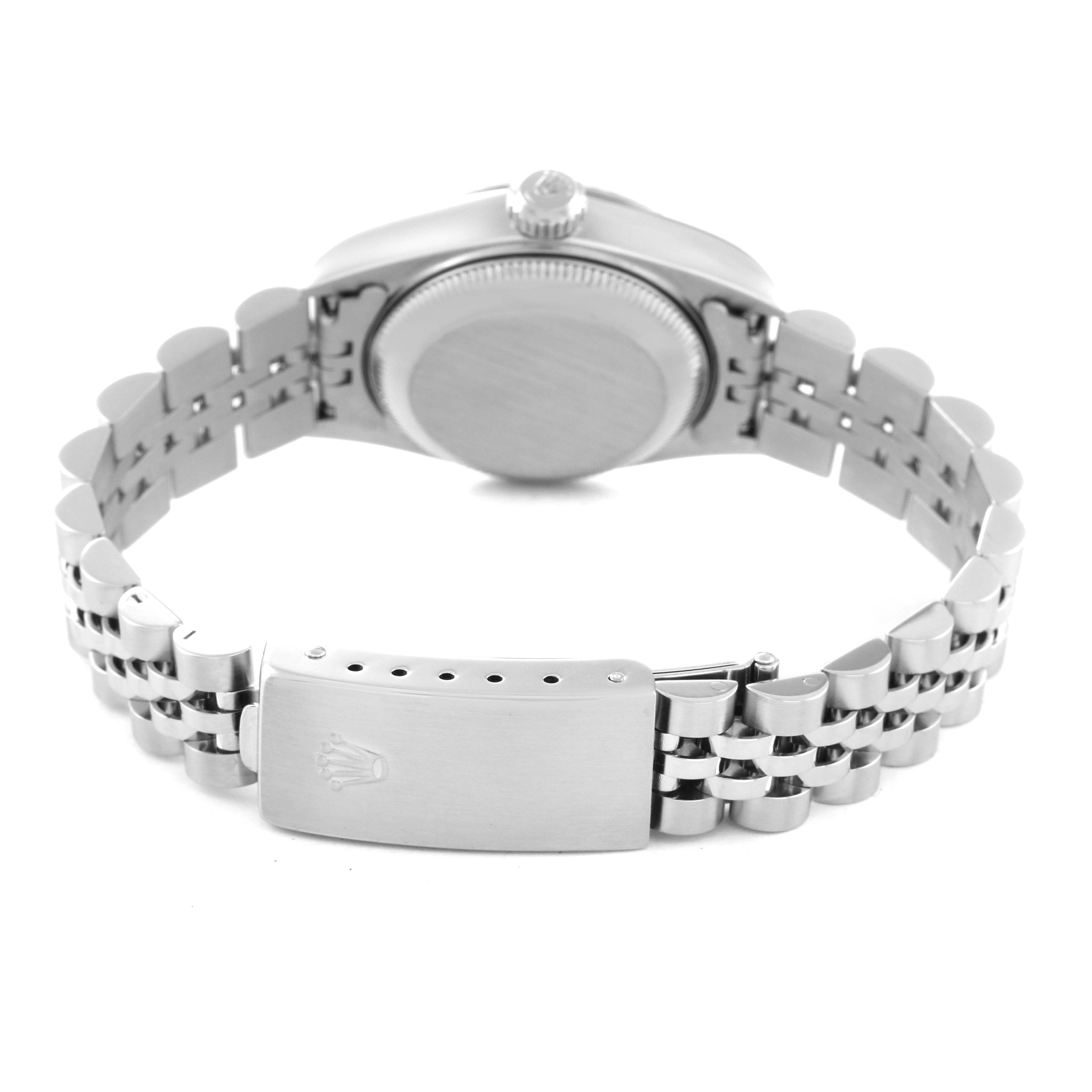 This image shows the back and clasp of a Rolex Datejust 79174 Women's Stainless Steel Pink Dial 79174 Women's Stainless Steel Pink Dial, highlighting the bracelet and case back.