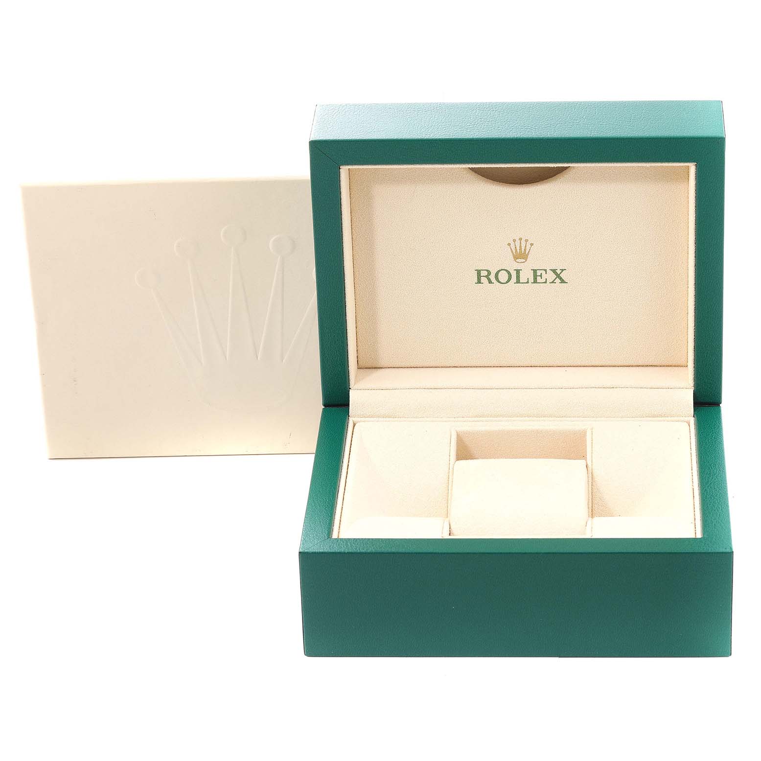 This image shows an open green Rolex Datejust 126233 Men's Steel and Gold (two tone) Black Dial 126233 Men's Steel and Gold (two tone) Black Dial watch box with beige interior and the Rolex logo.
