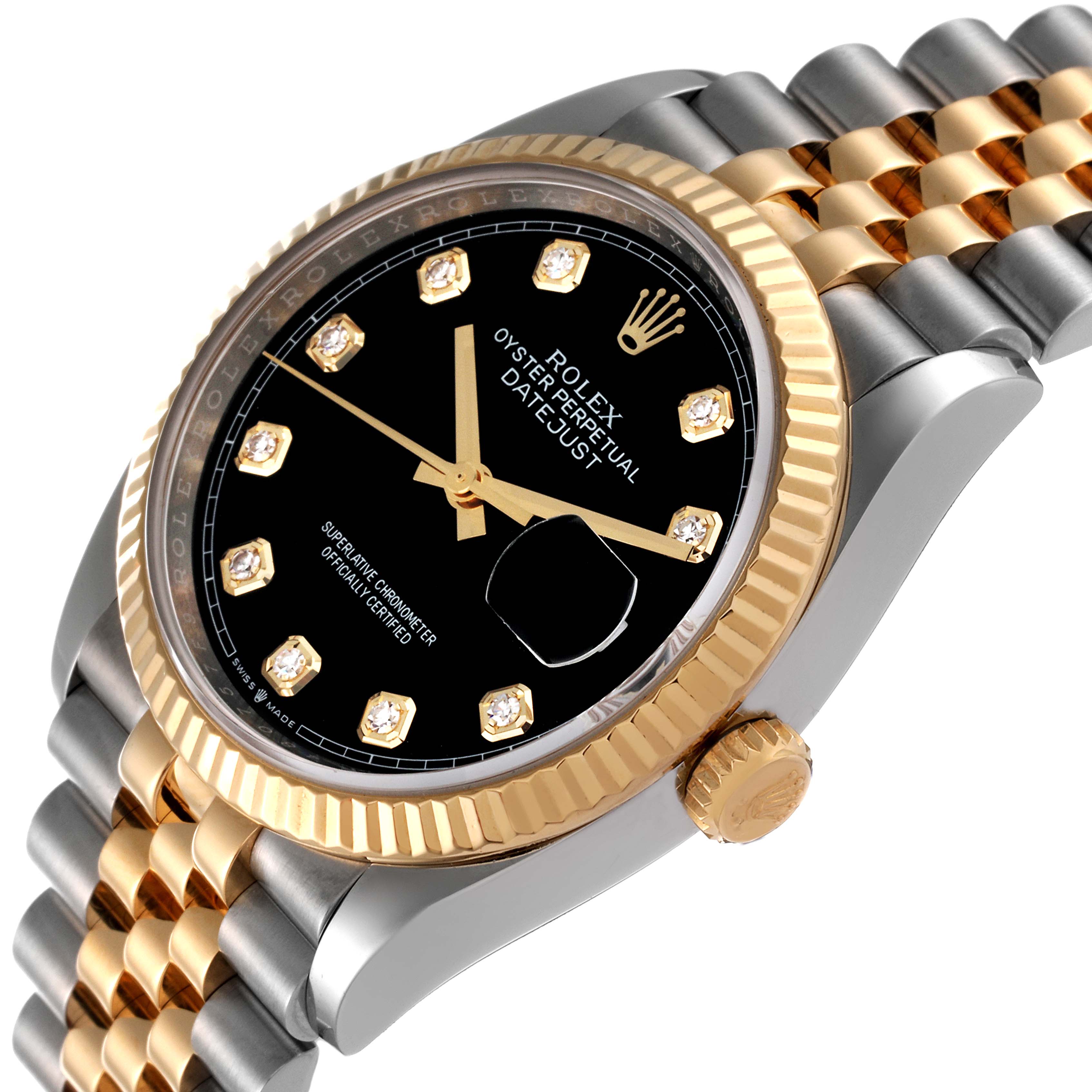 The image shows a close-up angle of the Rolex Datejust 126233 Men's Steel and Gold (two tone) Black Dial 126233 Men's Steel and Gold (two tone) Black Dial model, highlighting its face, bezel, crown, and part of the bracelet.