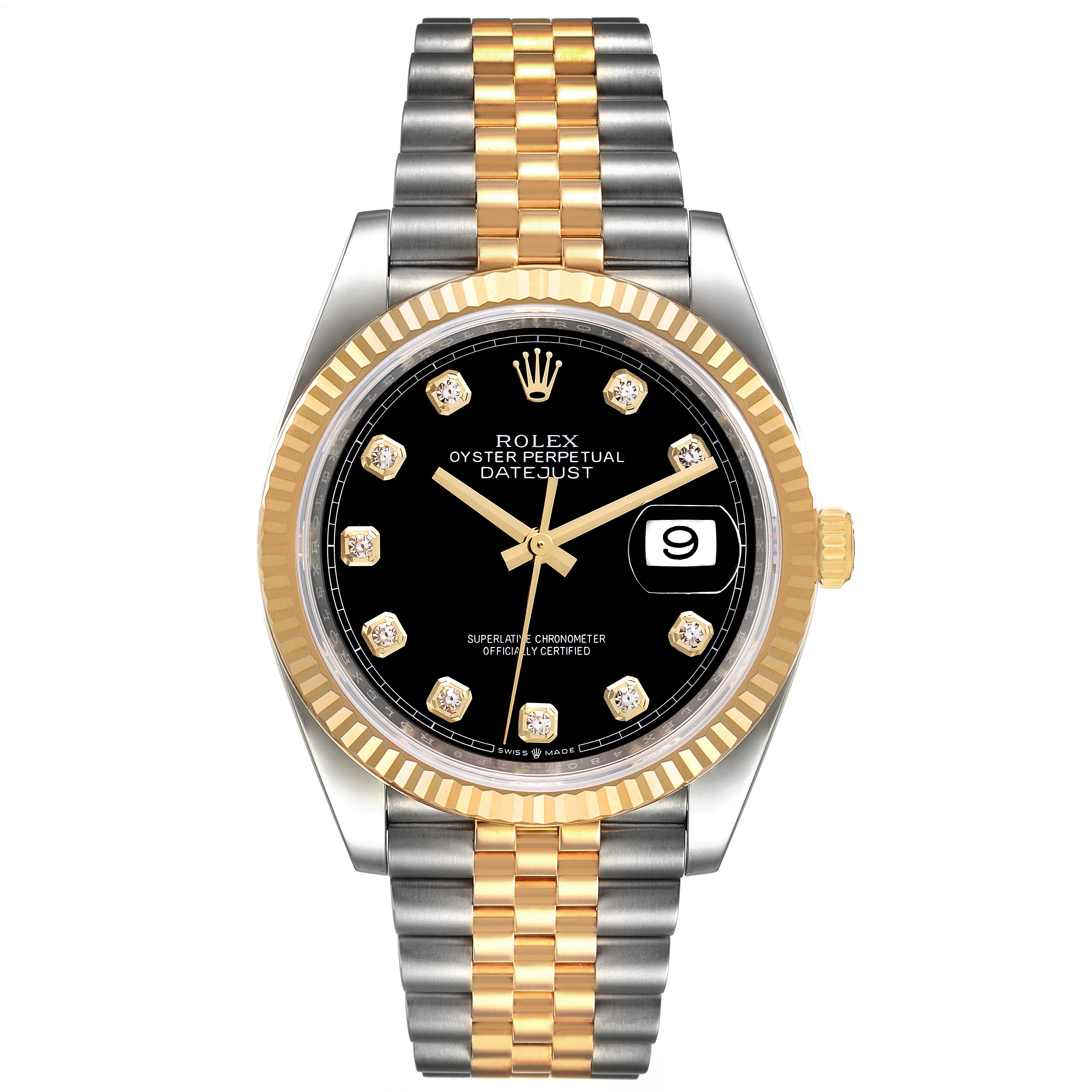 This image shows a front view of a Rolex Datejust 126233 Men's Steel and Gold (two tone) Black Dial 126233 Men's Steel and Gold (two tone) Black Dial watch featuring a jubilee bracelet and a black dial with diamond hour markers.