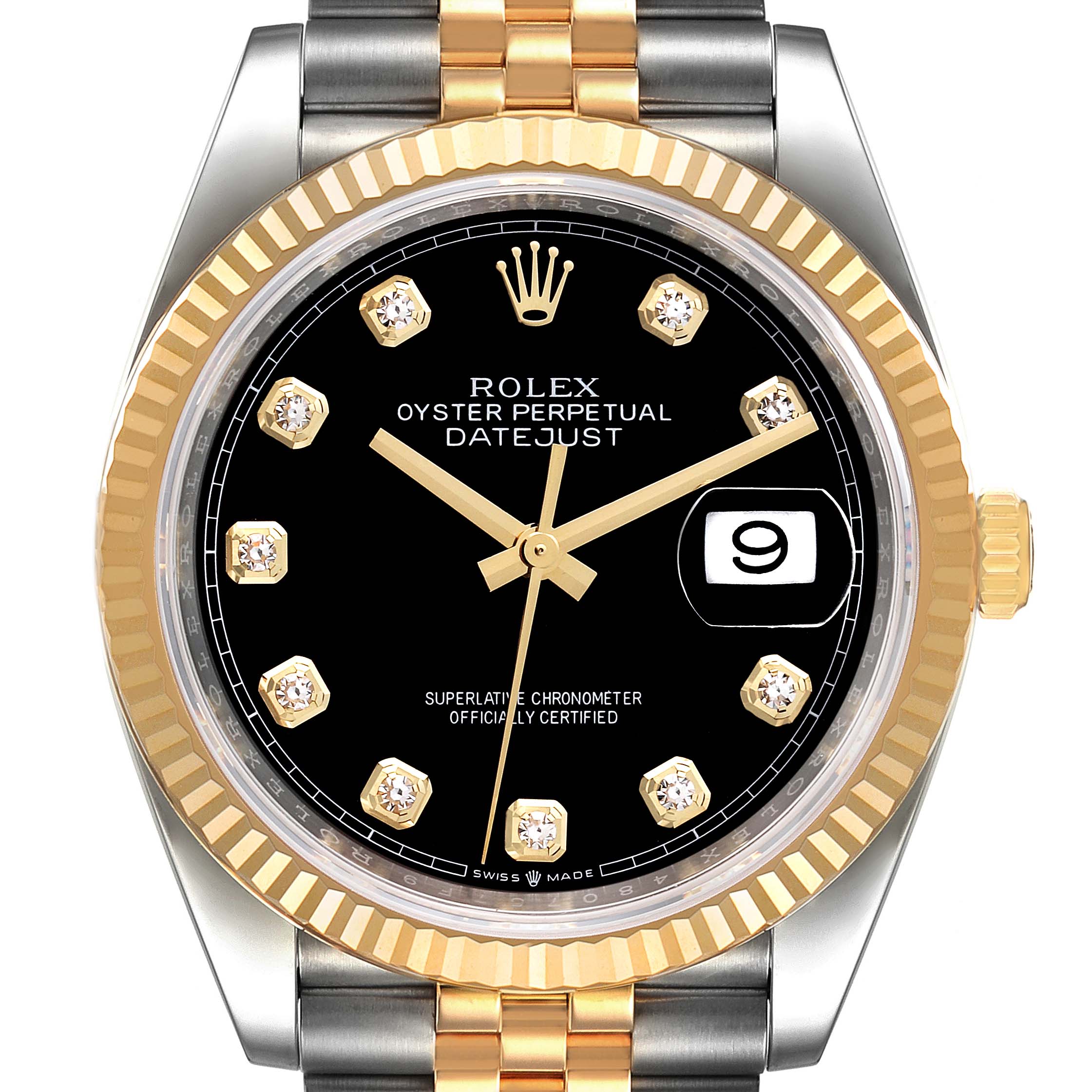 This image shows a front view of the Rolex Datejust 126233 Men's Steel and Gold (two tone) Black Dial 126233 Men's Steel and Gold (two tone) Black Dial watch displaying the dial, bezel, crown, and part of the bracelet.