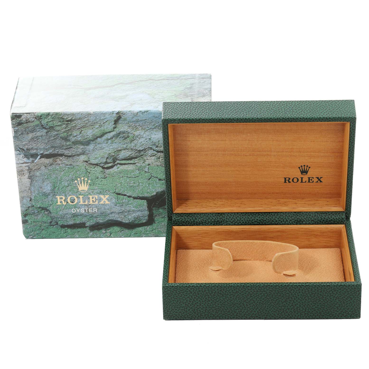 This image shows an open Rolex Datejust 16233 Men's Steel and Gold (two tone) Blue Dial 16233 Men's Steel and Gold (two tone) Blue Dial watch box with the exterior packaging in the background.