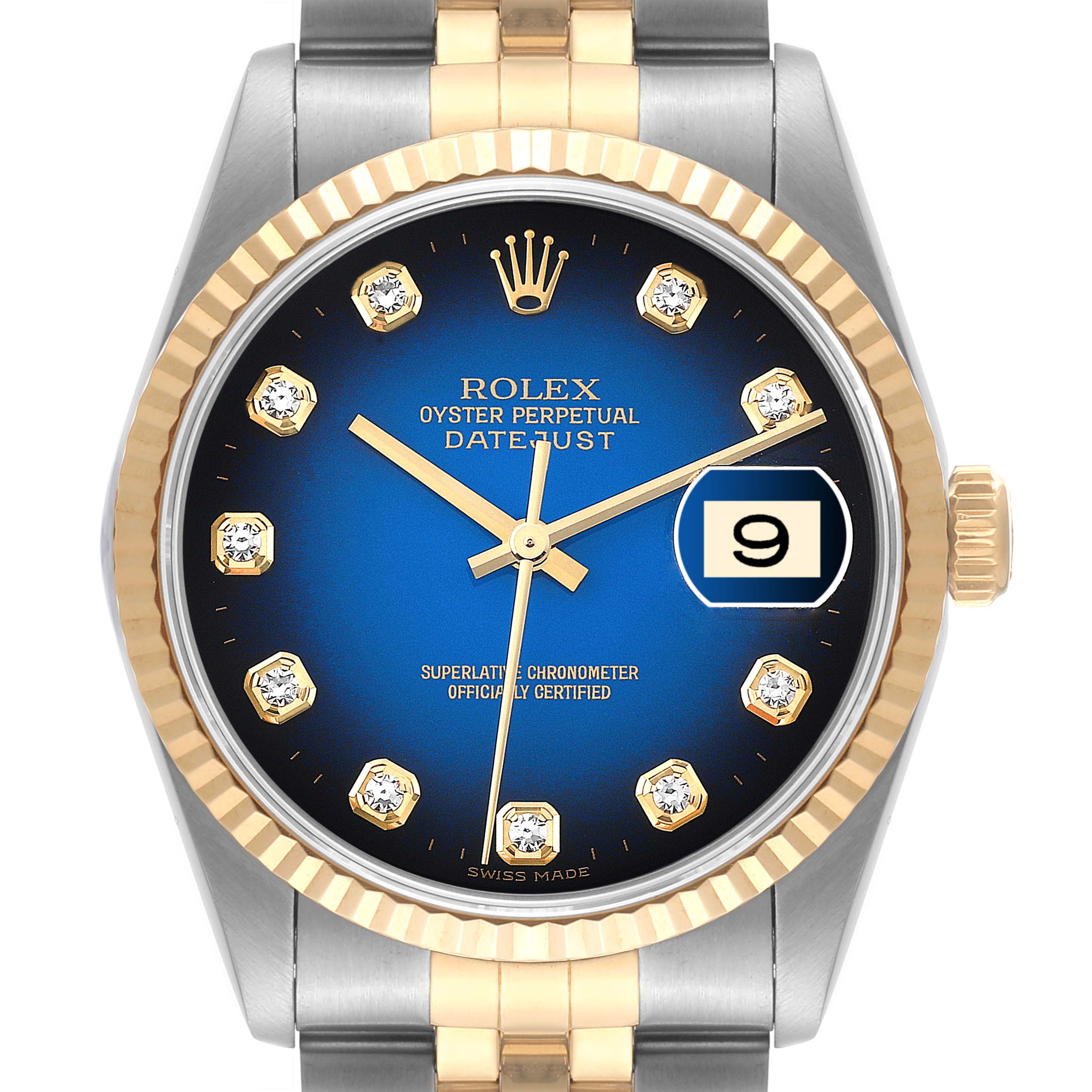 The image shows the front view of a Rolex Datejust 16233 Men's Steel and Gold (two tone) Blue Dial 16233 Men's Steel and Gold (two tone) Blue Dial watch, highlighting its blue dial, gold fluted bezel, and diamond hour markers.