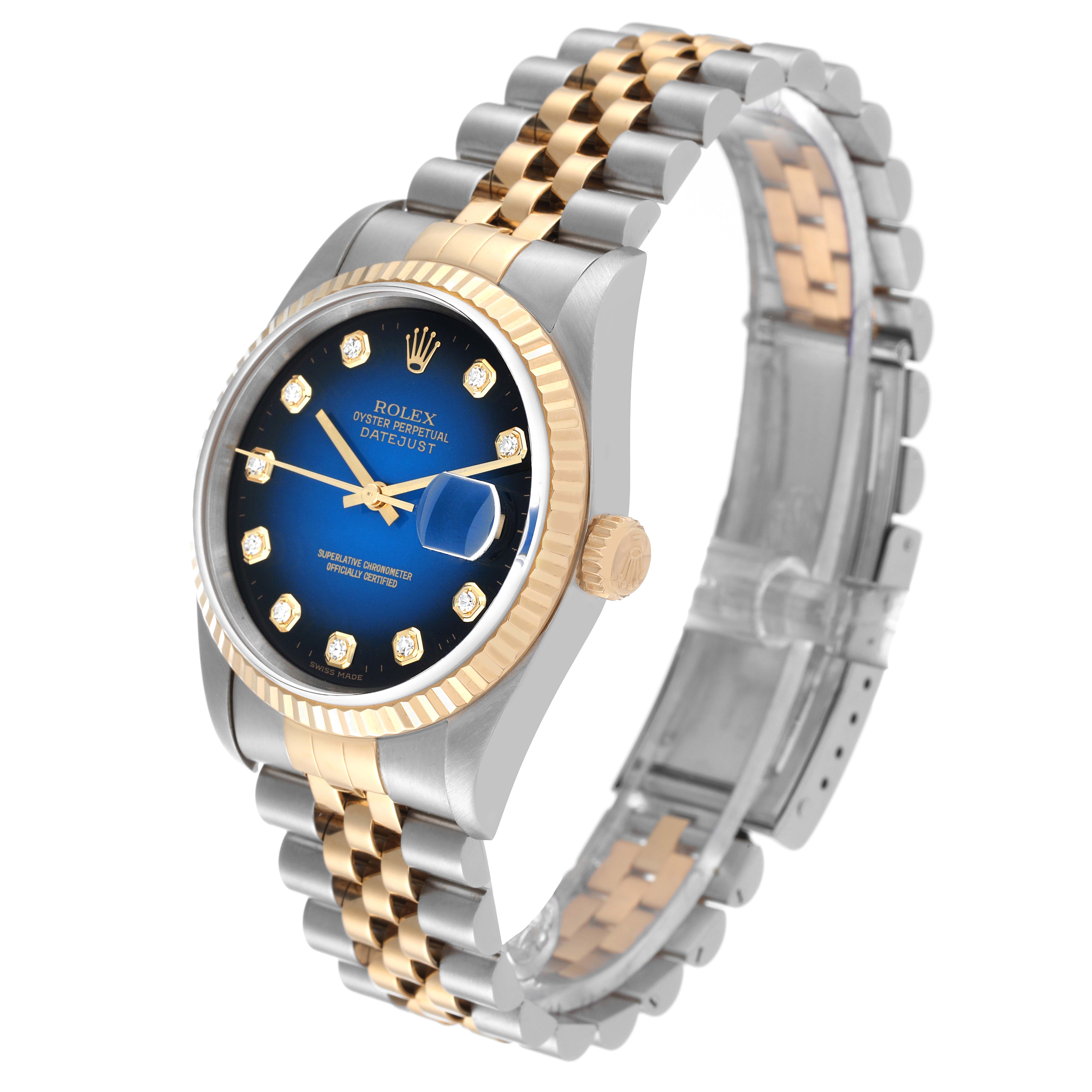 The image shows a Rolex Datejust 16233 Men's Steel and Gold (two tone) Blue Dial 16233 Men's Steel and Gold (two tone) Blue Dial watch angled from the front-right, displaying the dial, bezel, crown, and Jubilee bracelet.