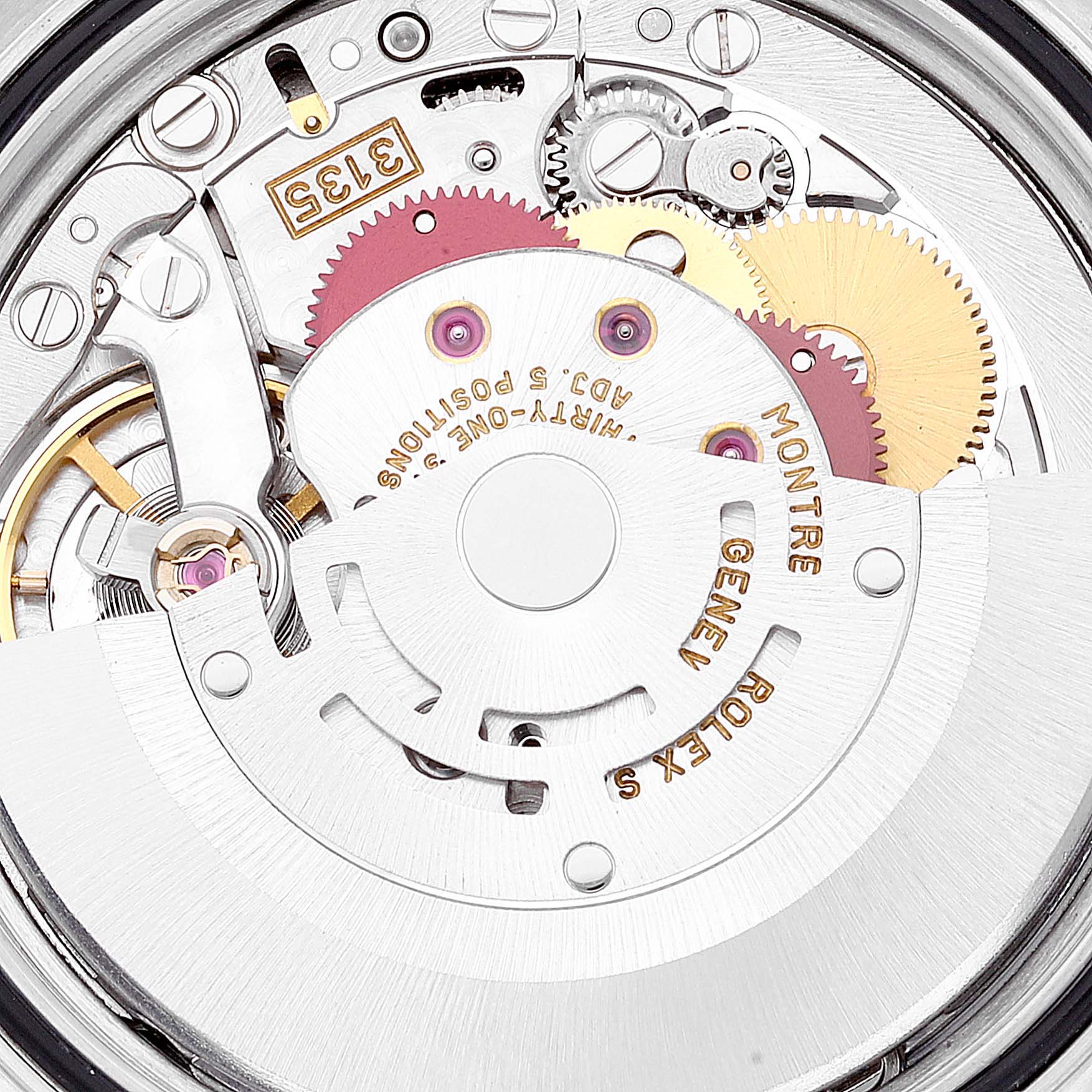 This image shows the internal mechanism of a Rolex Datejust 16233 Men's Steel and Gold (two tone) Blue Dial 16233 Men's Steel and Gold (two tone) Blue Dial watch, featuring gears and the rotor.
