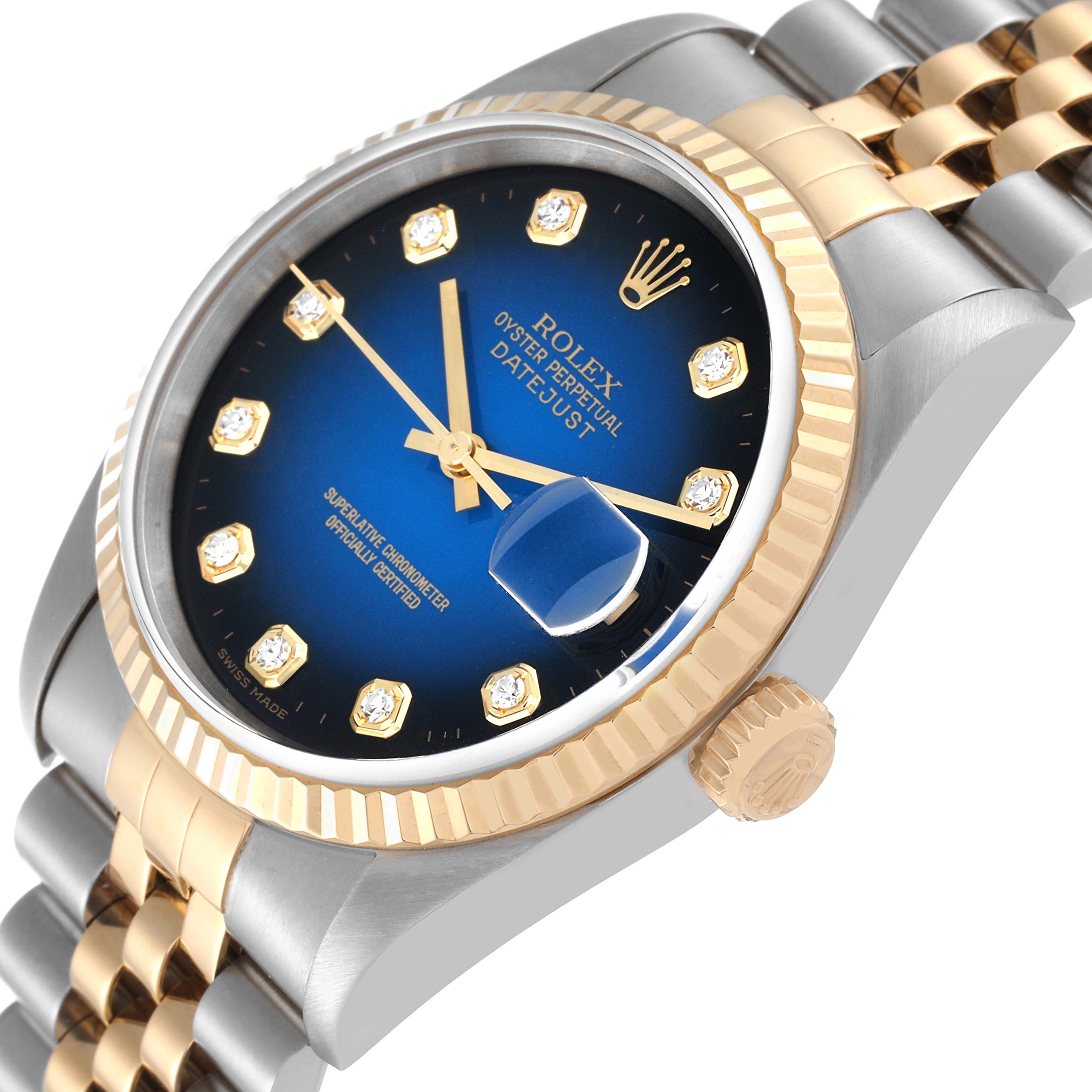 The image shows a close-up angled view of the Rolex Datejust 16233 Men's Steel and Gold (two tone) Blue Dial 16233 Men's Steel and Gold (two tone) Blue Dial watch, highlighting its blue dial, fluted bezel, and two-tone bracelet.