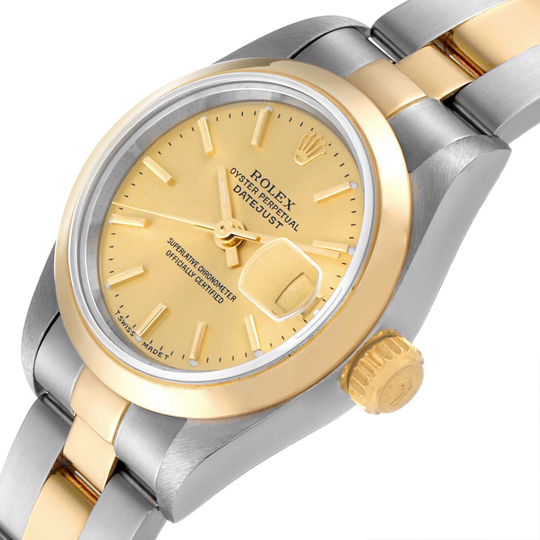 The image shows a close-up angle of the Rolex Datejust 79163 Women's Steel and Gold (two tone) Champagne Dial 79163 Women's Steel and Gold (two tone) Champagne Dial watch face, bezel, crown, and part of the bracelet.