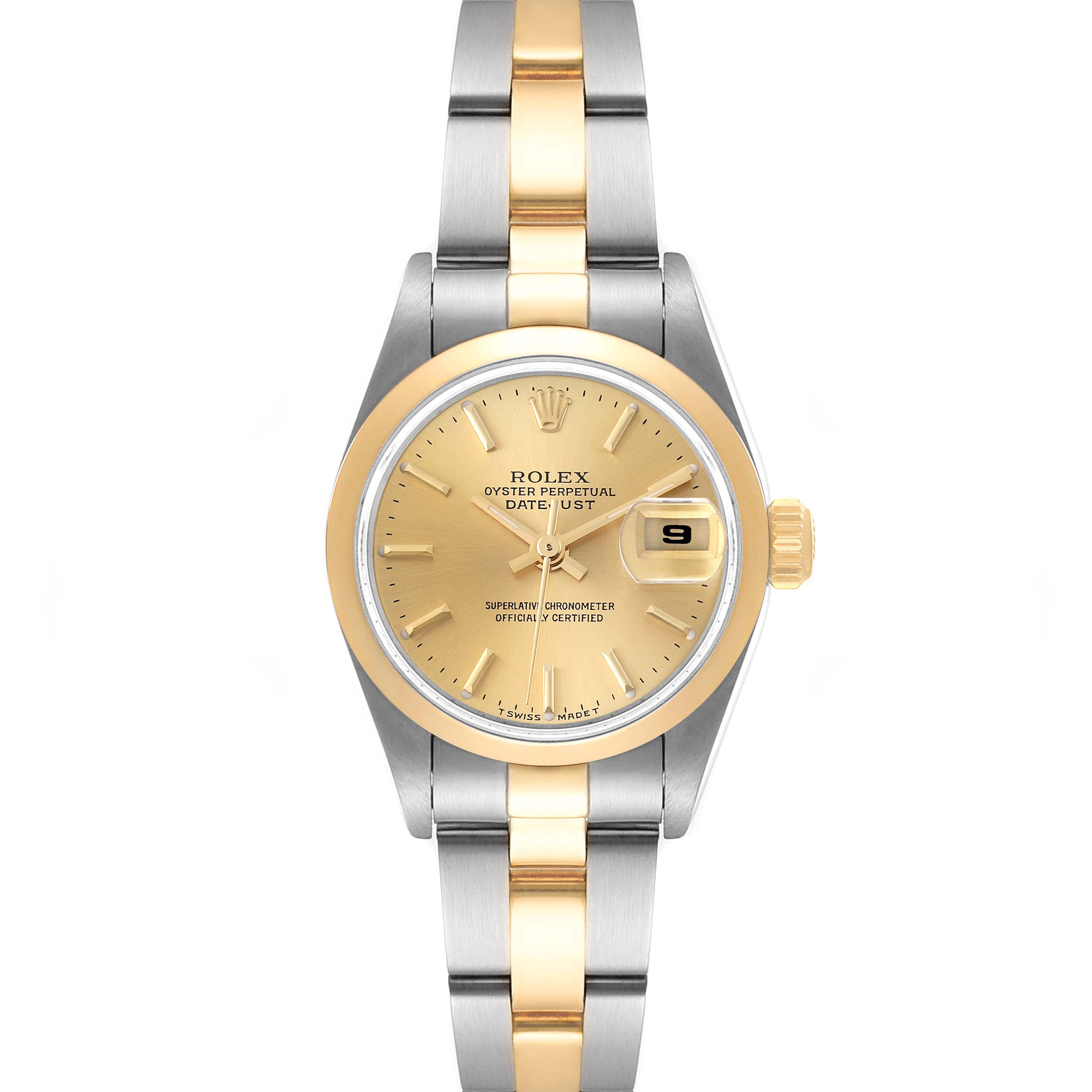 The image shows a front view of a Rolex Datejust 79163 Women's Steel and Gold (two tone) Champagne Dial 79163 Women's Steel and Gold (two tone) Champagne Dial watch, featuring its dial, bezel, and two-tone bracelet.