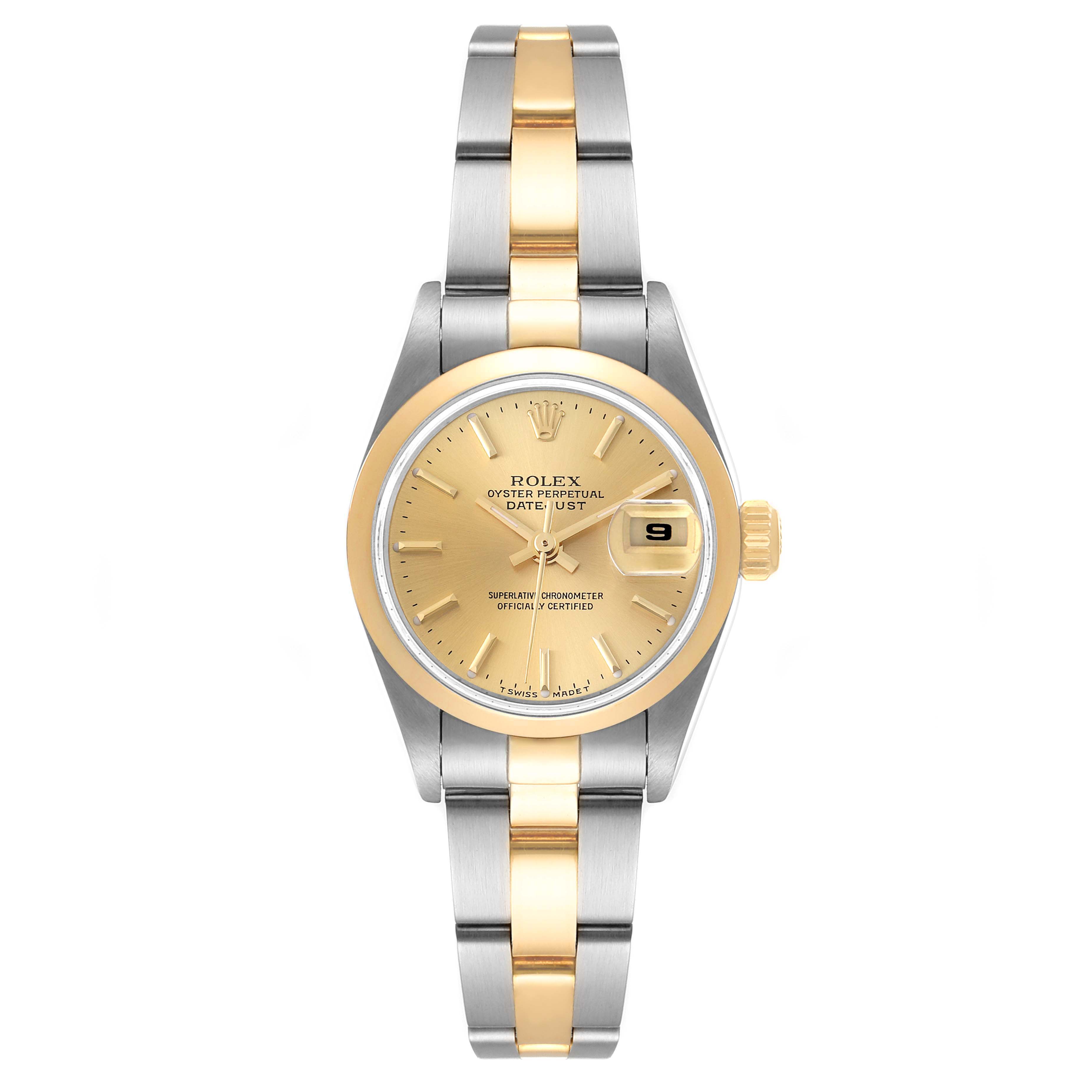 The Rolex Datejust 79163 Women's Steel and Gold (two tone) Champagne Dial 79163 Women's Steel and Gold (two tone) Champagne Dial watch is shown from a top-down angle, featuring a two-tone metal band, gold dial, and date window.