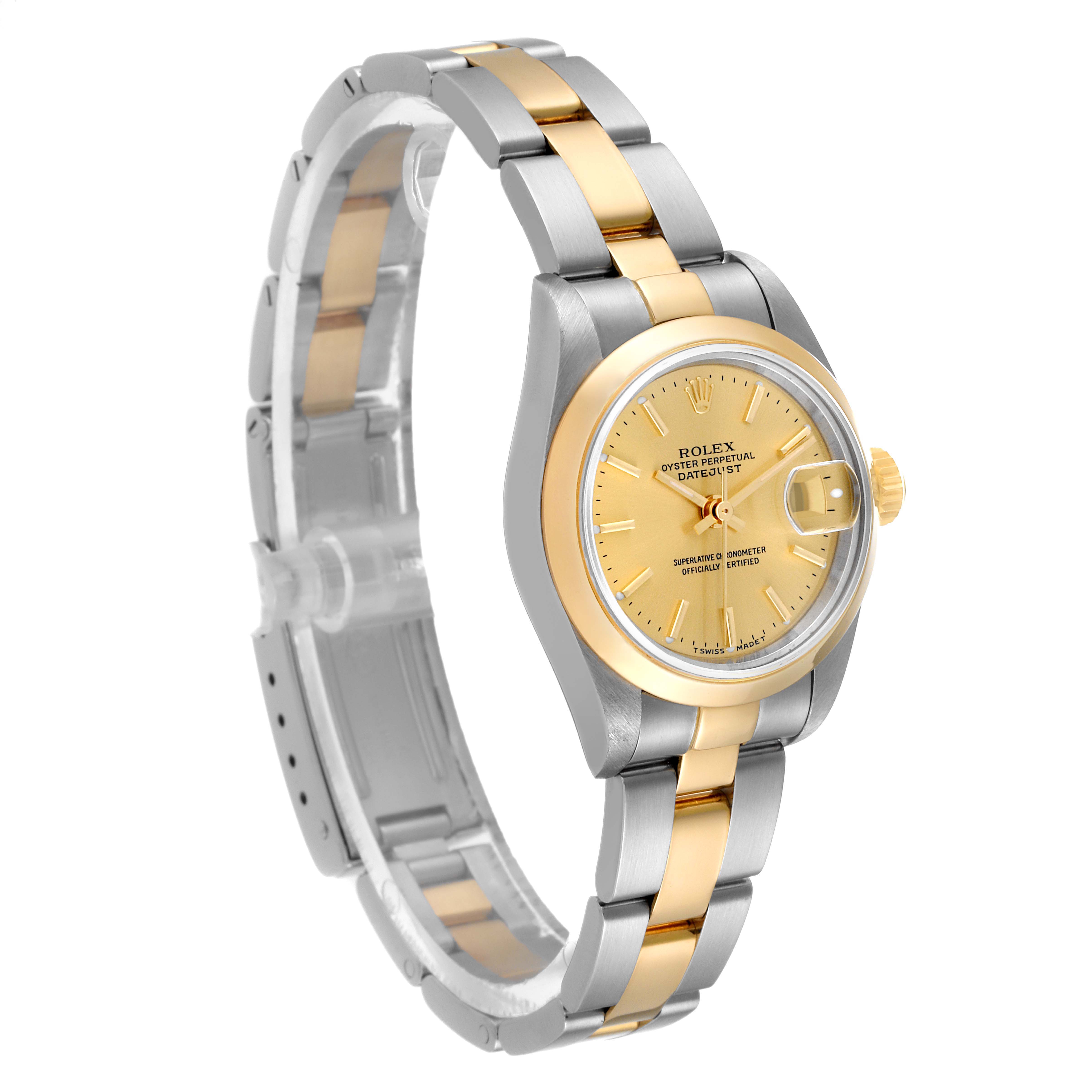 The image shows a Rolex Datejust 79163 Women's Steel and Gold (two tone) Champagne Dial 79163 Women's Steel and Gold (two tone) Champagne Dial watch angled at a 3/4 view, displaying its two-tone bracelet and gold dial.