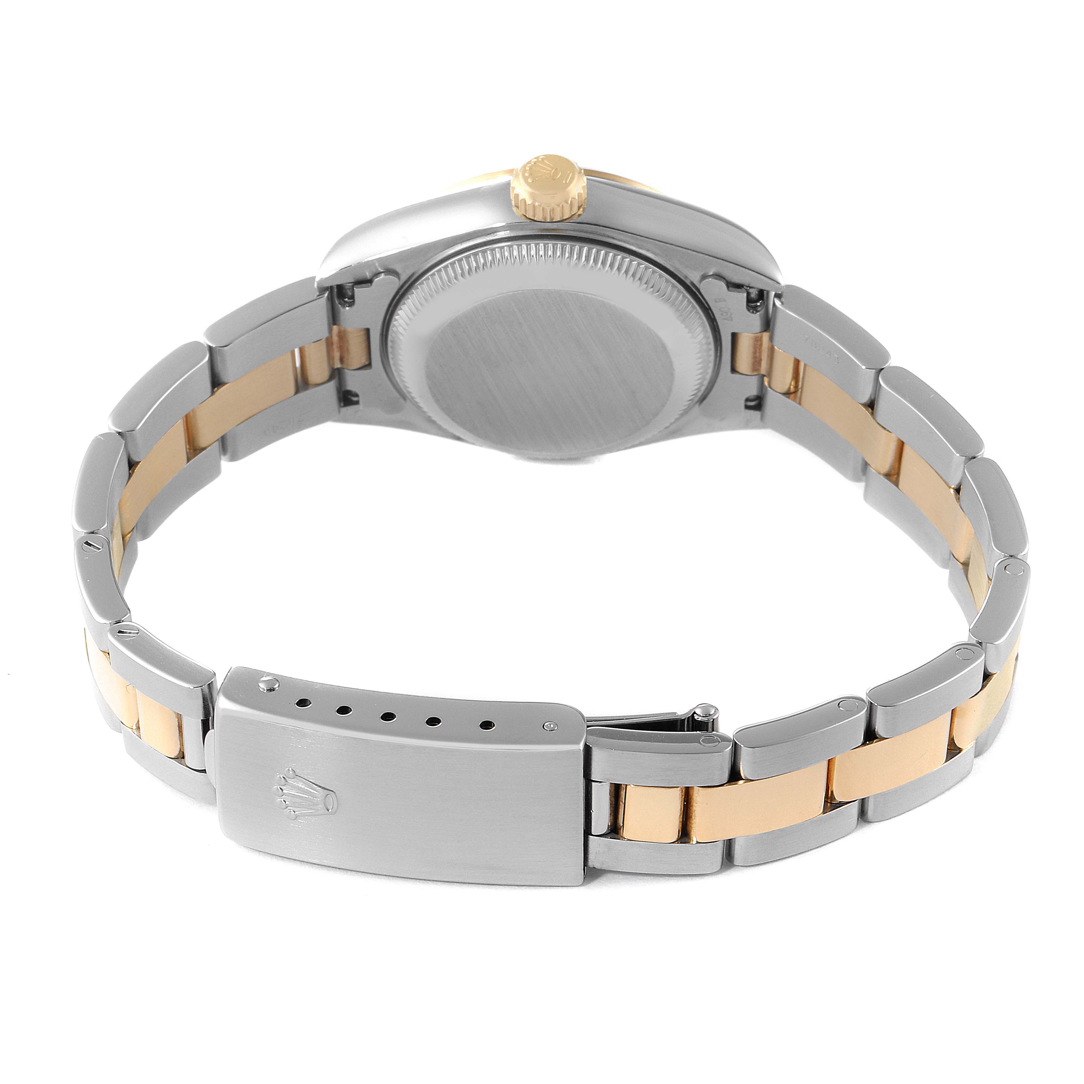 The image shows the back view of the Rolex Datejust 79163 Women's Steel and Gold (two tone) Champagne Dial 79163 Women's Steel and Gold (two tone) Champagne Dial watch, highlighting its case back, bracelet, and clasp.