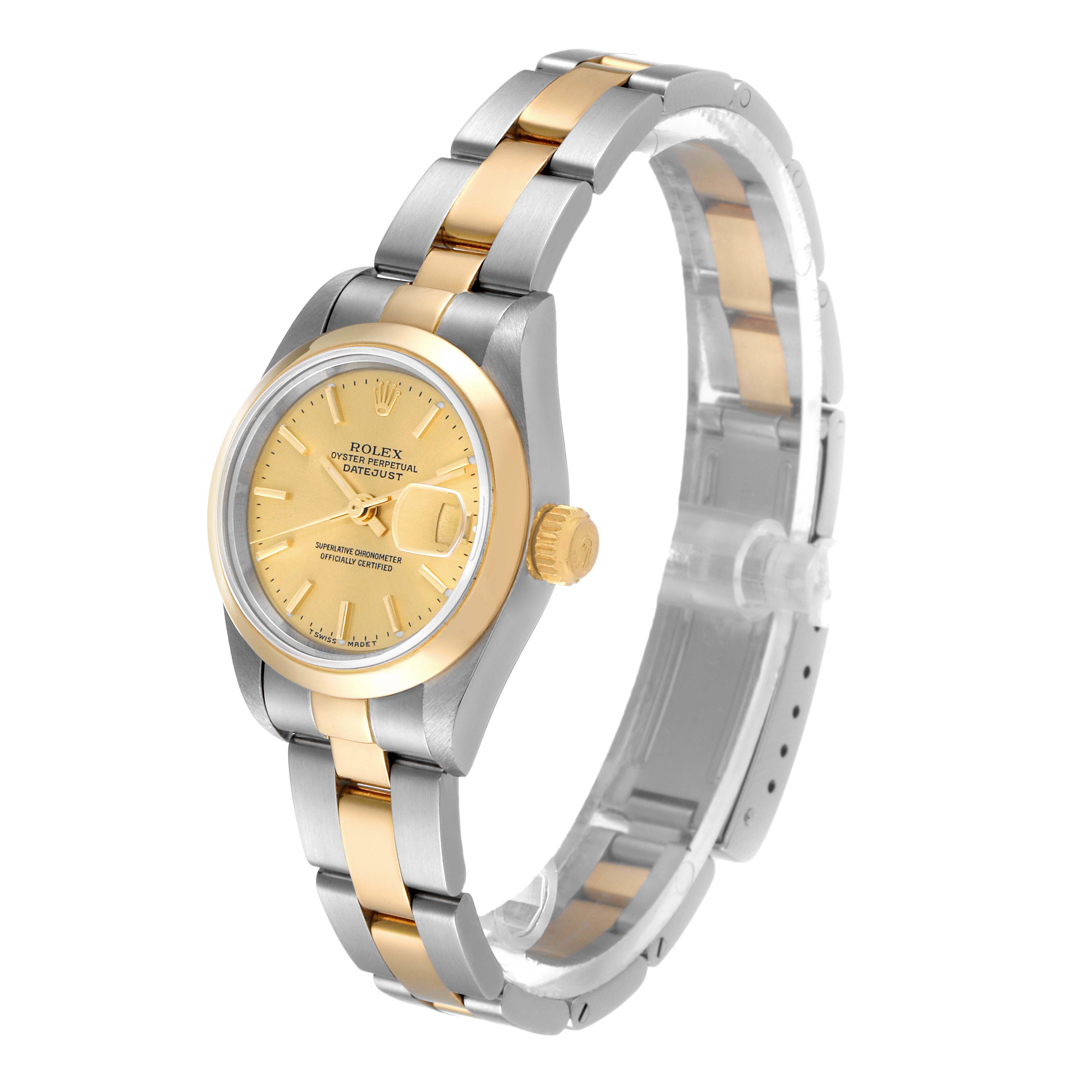 The image shows a Rolex Datejust 79163 Women's Steel and Gold (two tone) Champagne Dial 79163 Women's Steel and Gold (two tone) Champagne Dial watch at a 3/4 angle, highlighting its gold dial, bezel, and two-tone bracelet.