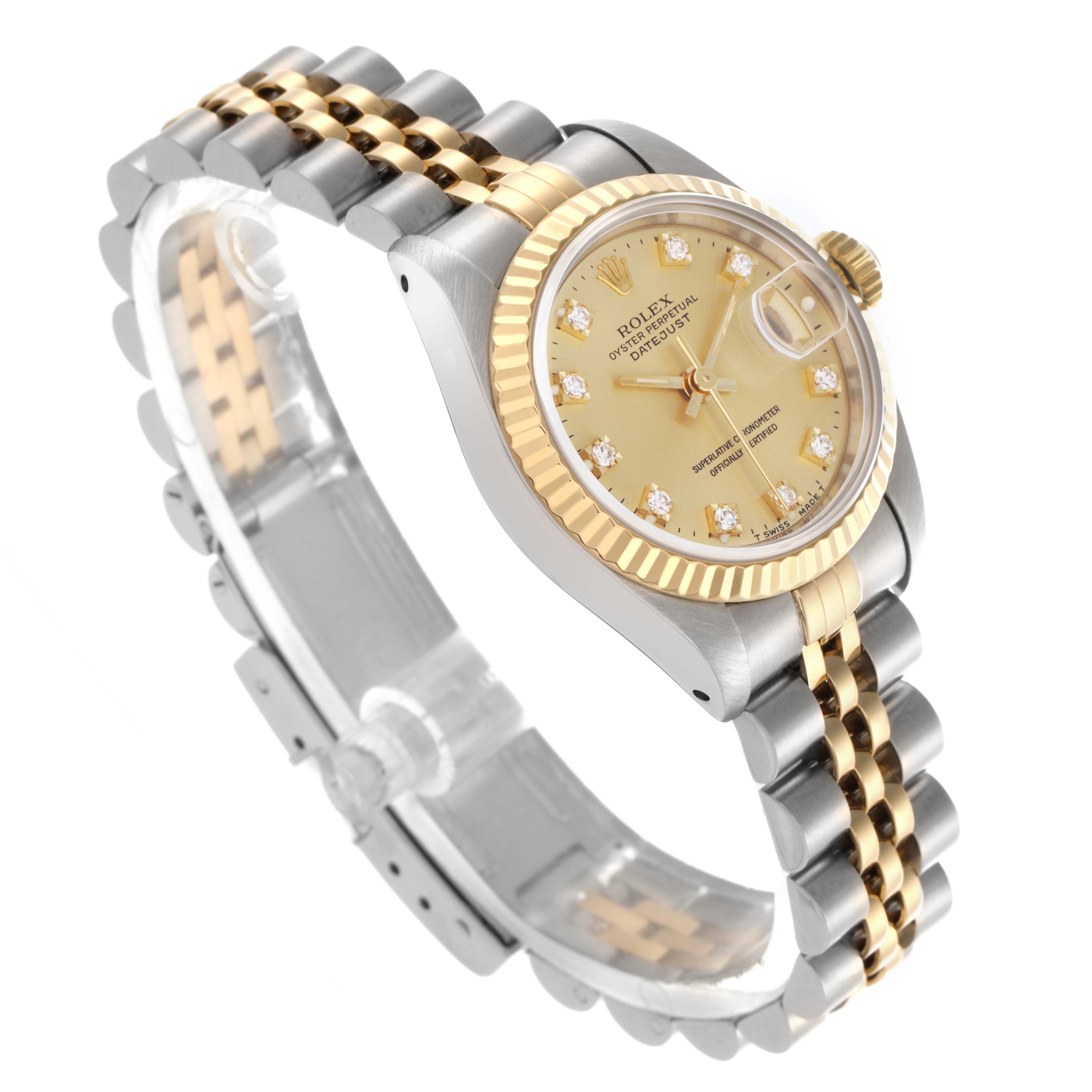 The Rolex Datejust 69173 Women's Steel and Gold (two tone) Champagne Dial 69173 Women's Steel and Gold (two tone) Champagne Dial is shown at a three-quarter angle, highlighting the bezel, dial, and two-tone bracelet.