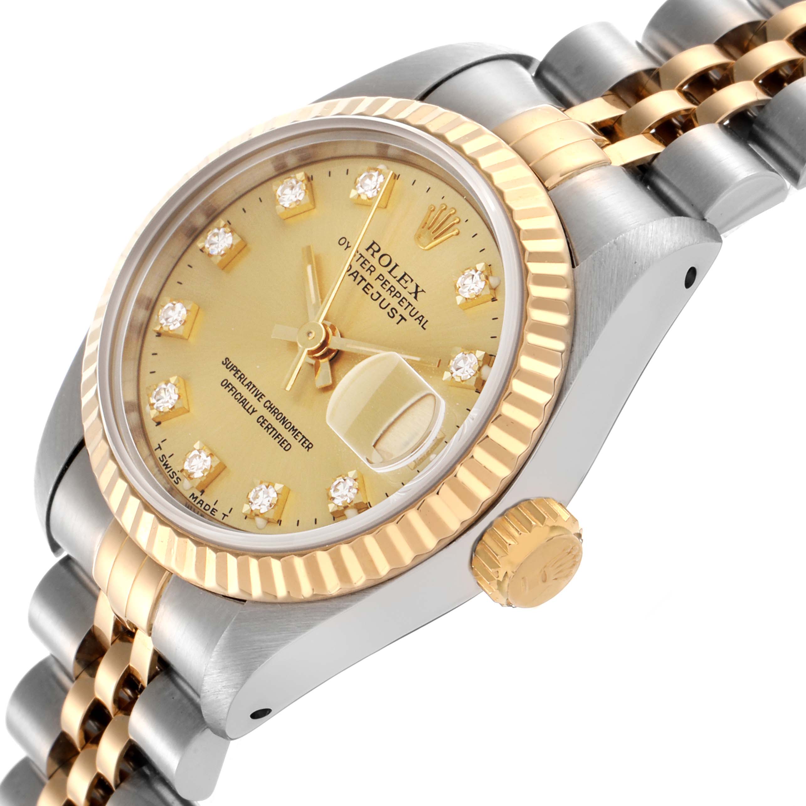 The Rolex Datejust 69173 Women's Steel and Gold (two tone) Champagne Dial 69173 Women's Steel and Gold (two tone) Champagne Dial watch is shown at a three-quarter angle, highlighting the gold bezel, dial with diamond markers, and two-tone bracelet.