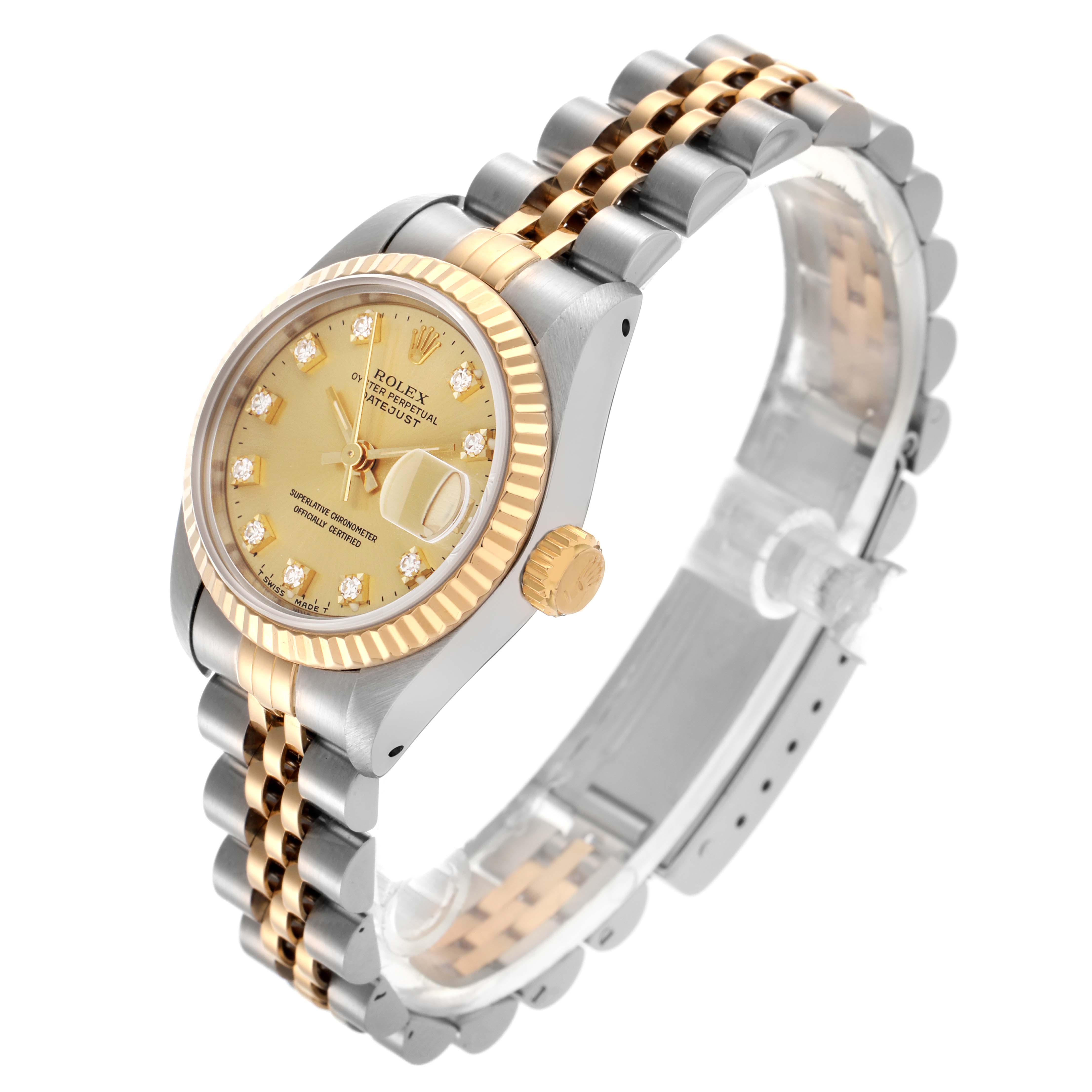The Rolex Datejust 69173 Women's Steel and Gold (two tone) Champagne Dial 69173 Women's Steel and Gold (two tone) Champagne Dial watch is shown at an angled view, displaying the dial, bezel, crown, and two-tone bracelet.