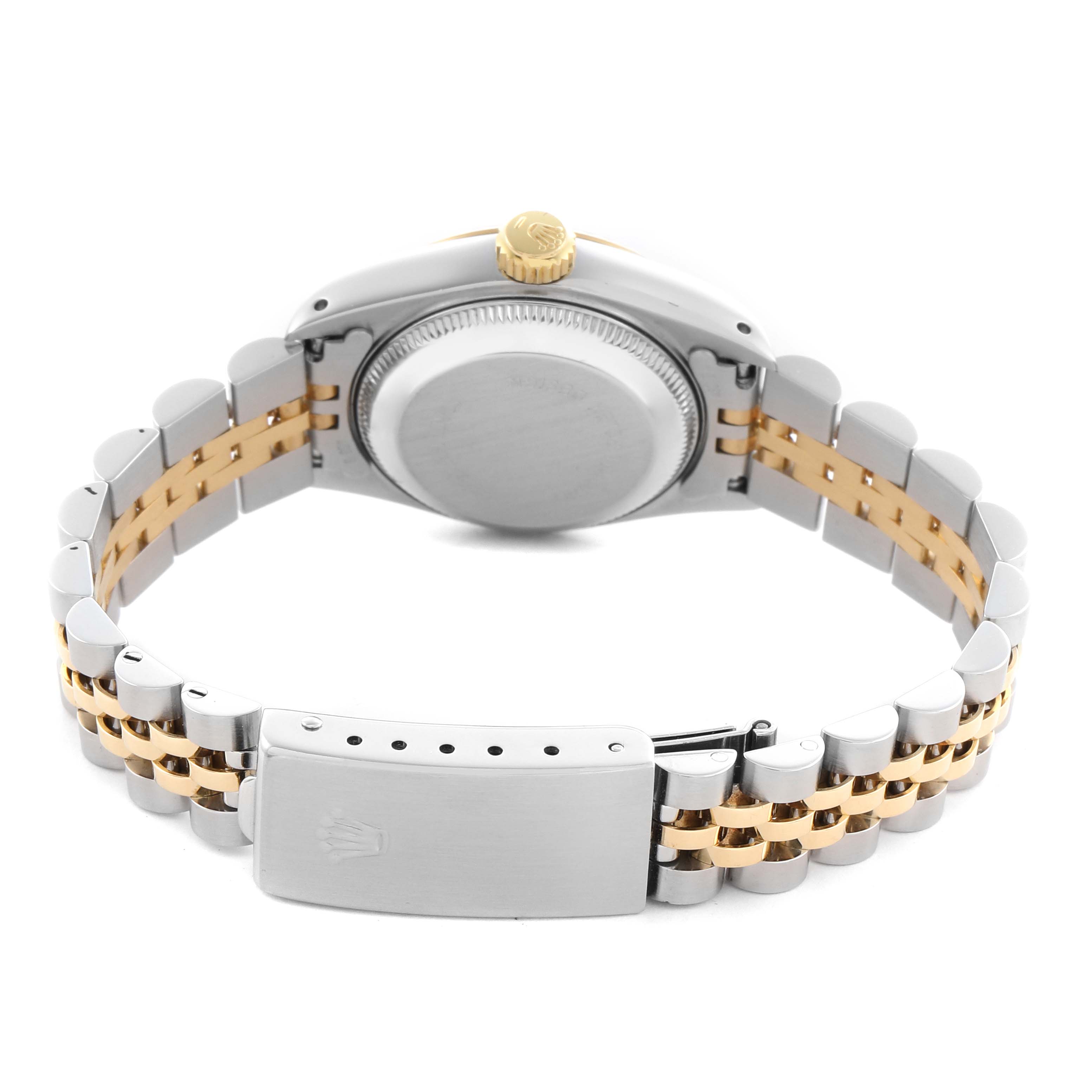 The image shows the back angle of a Rolex Datejust 69173 Women's Steel and Gold (two tone) Champagne Dial 69173 Women's Steel and Gold (two tone) Champagne Dial, highlighting the two-tone bracelet, clasp, and case back.