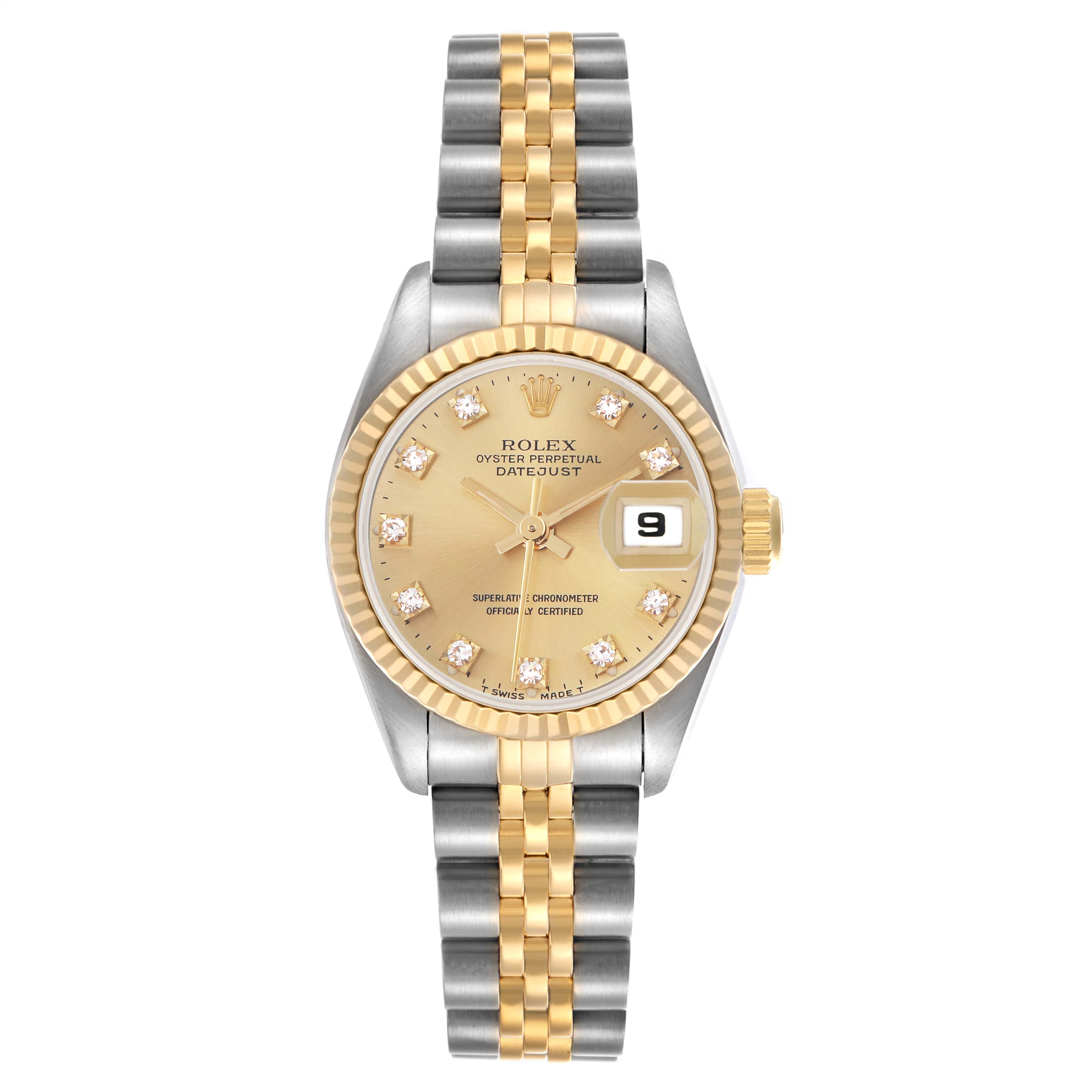 The Rolex Datejust 69173 Women's Steel and Gold (two tone) Champagne Dial 69173 Women's Steel and Gold (two tone) Champagne Dial watch is shown from the front, highlighting the gold and silver bracelet, gold dial, and diamond hour markers.