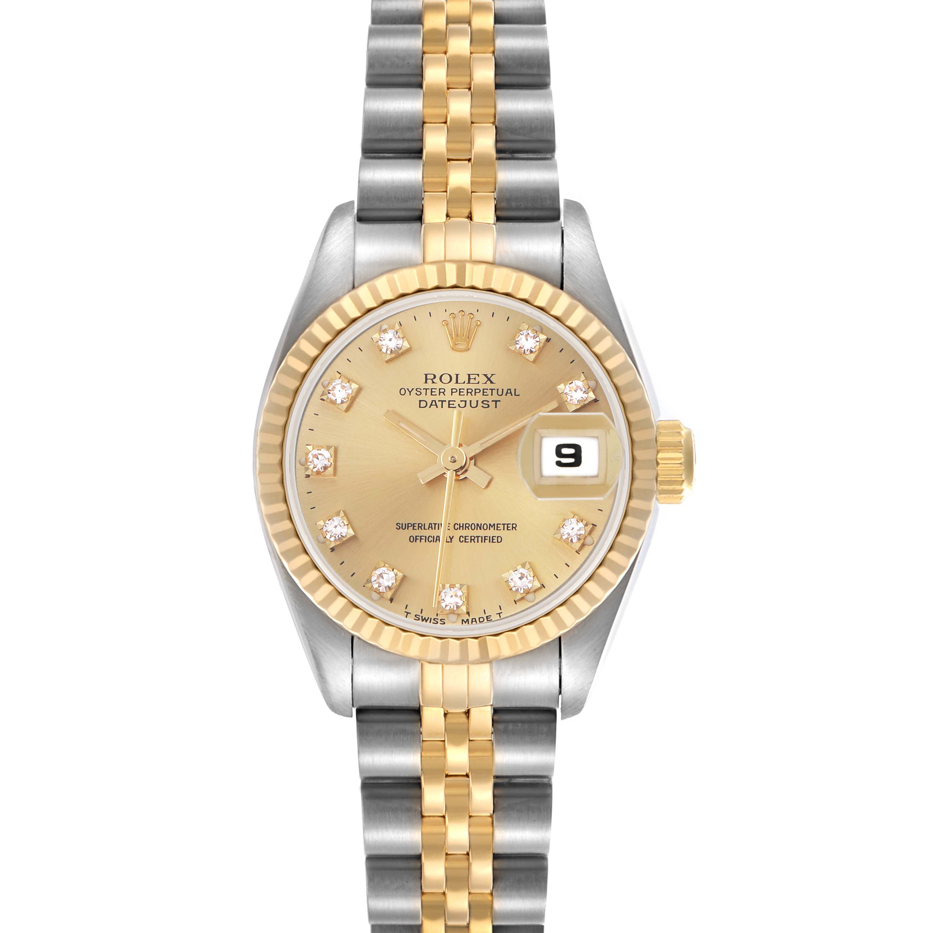 The Rolex Datejust 69173 Women's Steel and Gold (two tone) Champagne Dial 69173 Women's Steel and Gold (two tone) Champagne Dial watch is shown from the front, featuring a gold and silver bracelet, diamond markers, and a date window.