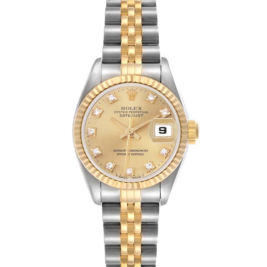 The Rolex Datejust watch is shown from the front, featuring a gold and silver bracelet, diamond markers, and a date window.