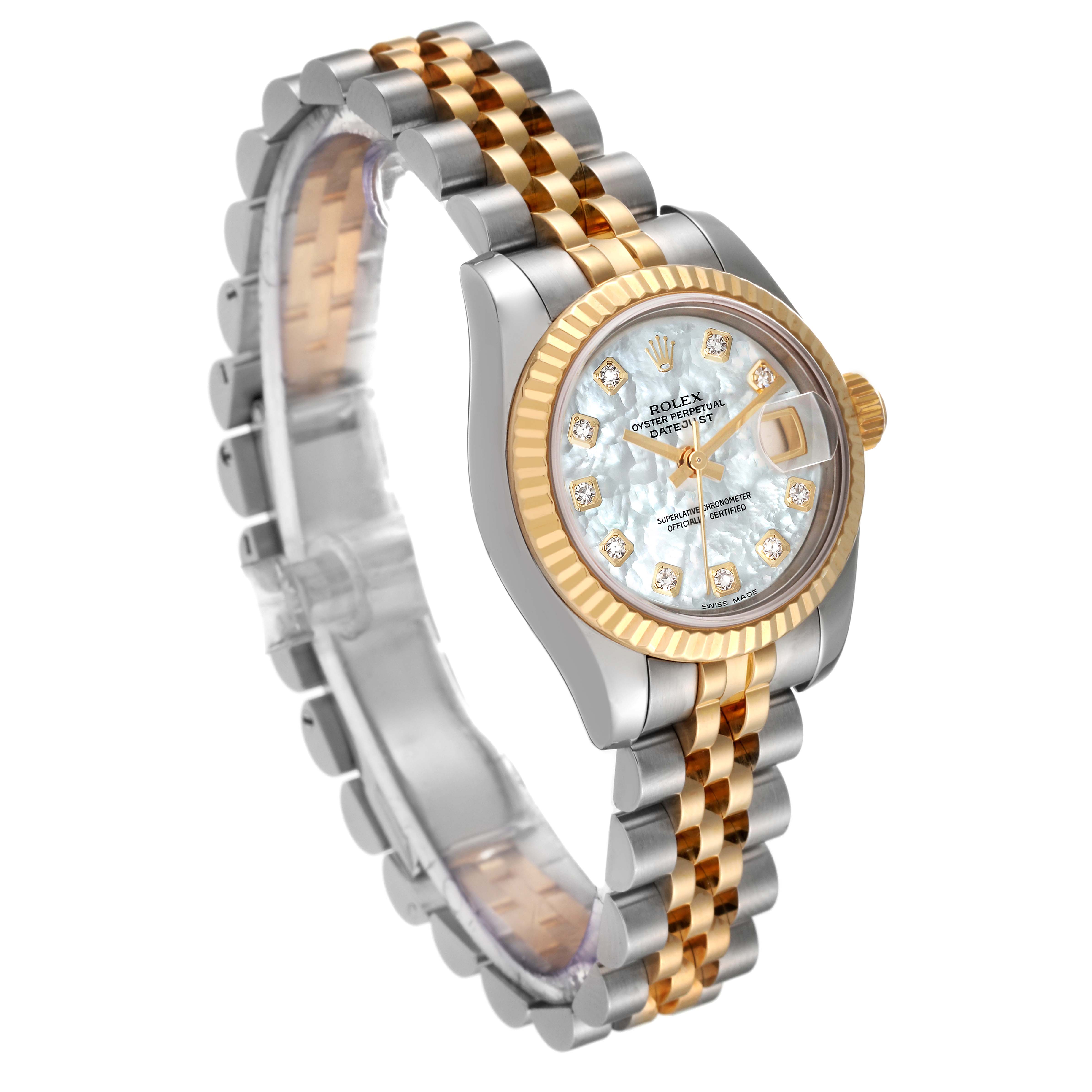 The image shows a Rolex Datejust 179173 Women's Steel and Gold (two tone) Mother of Pearl Dial 179173 Women's Steel and Gold (two tone) Mother of Pearl Dial watch at a slightly angled side view, displaying the dial, bezel, case, and bracelet.