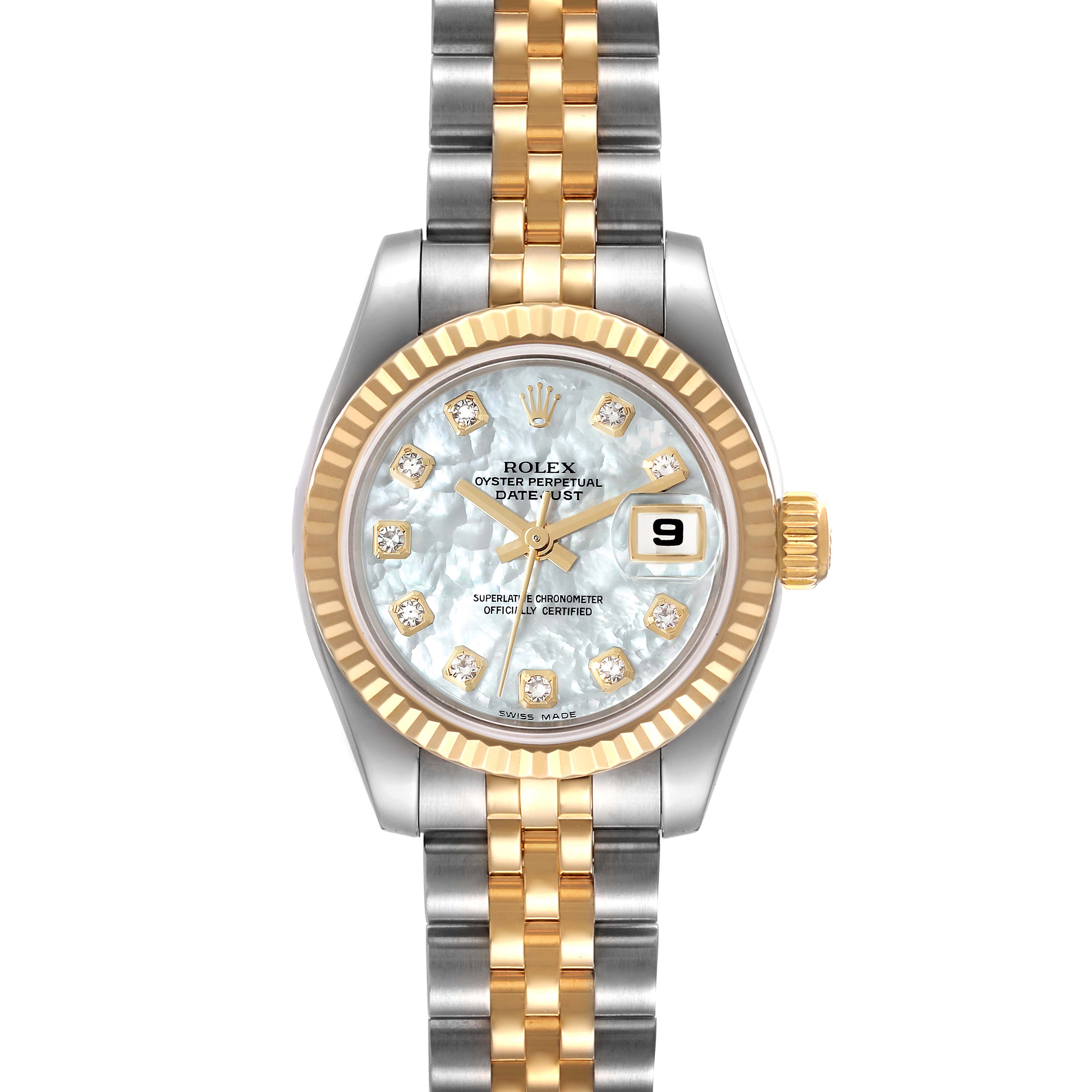 The image shows a front view of a Rolex Datejust 179173 Women's Steel and Gold (two tone) Mother of Pearl Dial 179173 Women's Steel and Gold (two tone) Mother of Pearl Dial watch, showcasing its dial, bezel, crown, and two-tone bracelet.