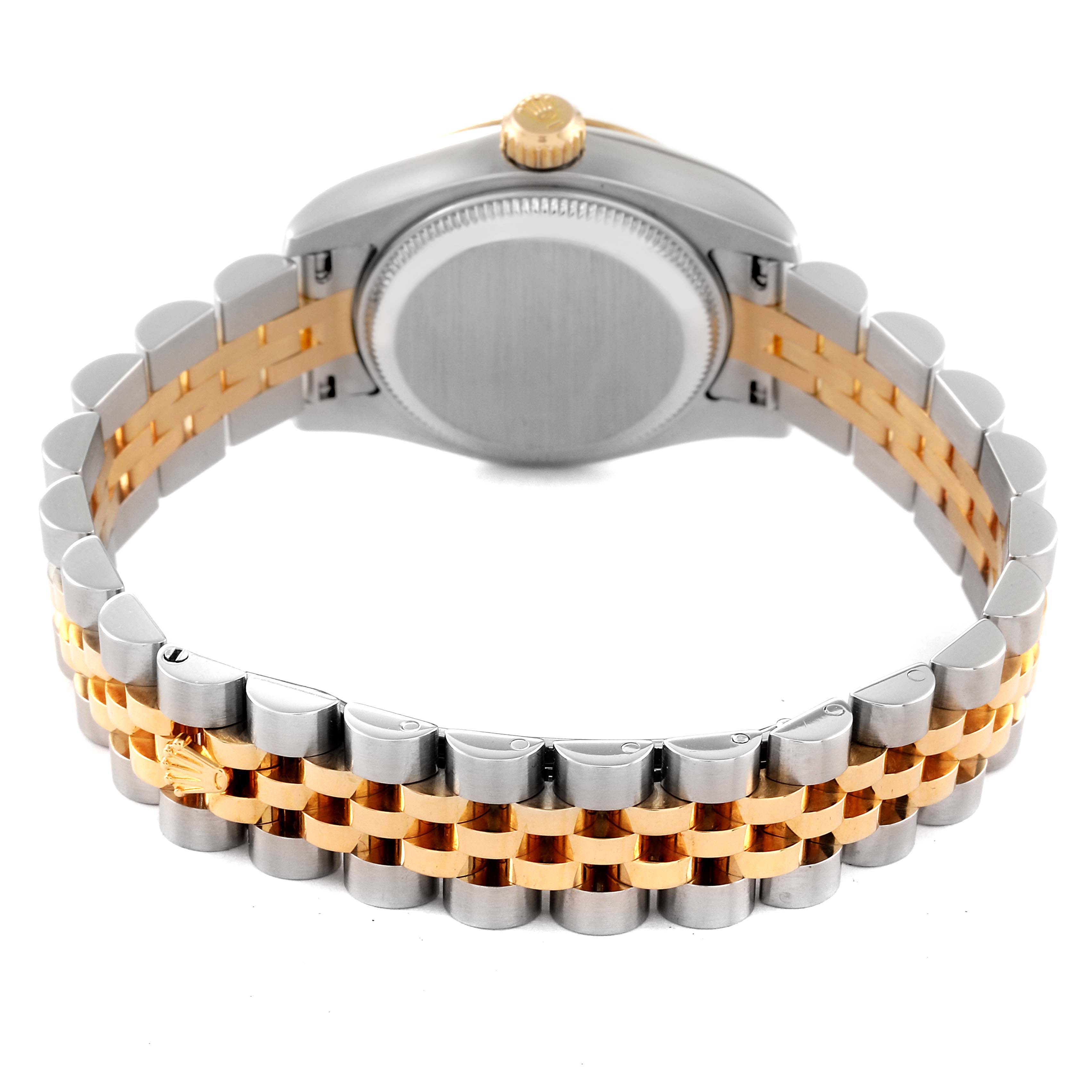 This image shows the back view of a Rolex Datejust 179173 Women's Steel and Gold (two tone) Mother of Pearl Dial 179173 Women's Steel and Gold (two tone) Mother of Pearl Dial watch, highlighting the case back, crown, and two-tone bracelet.