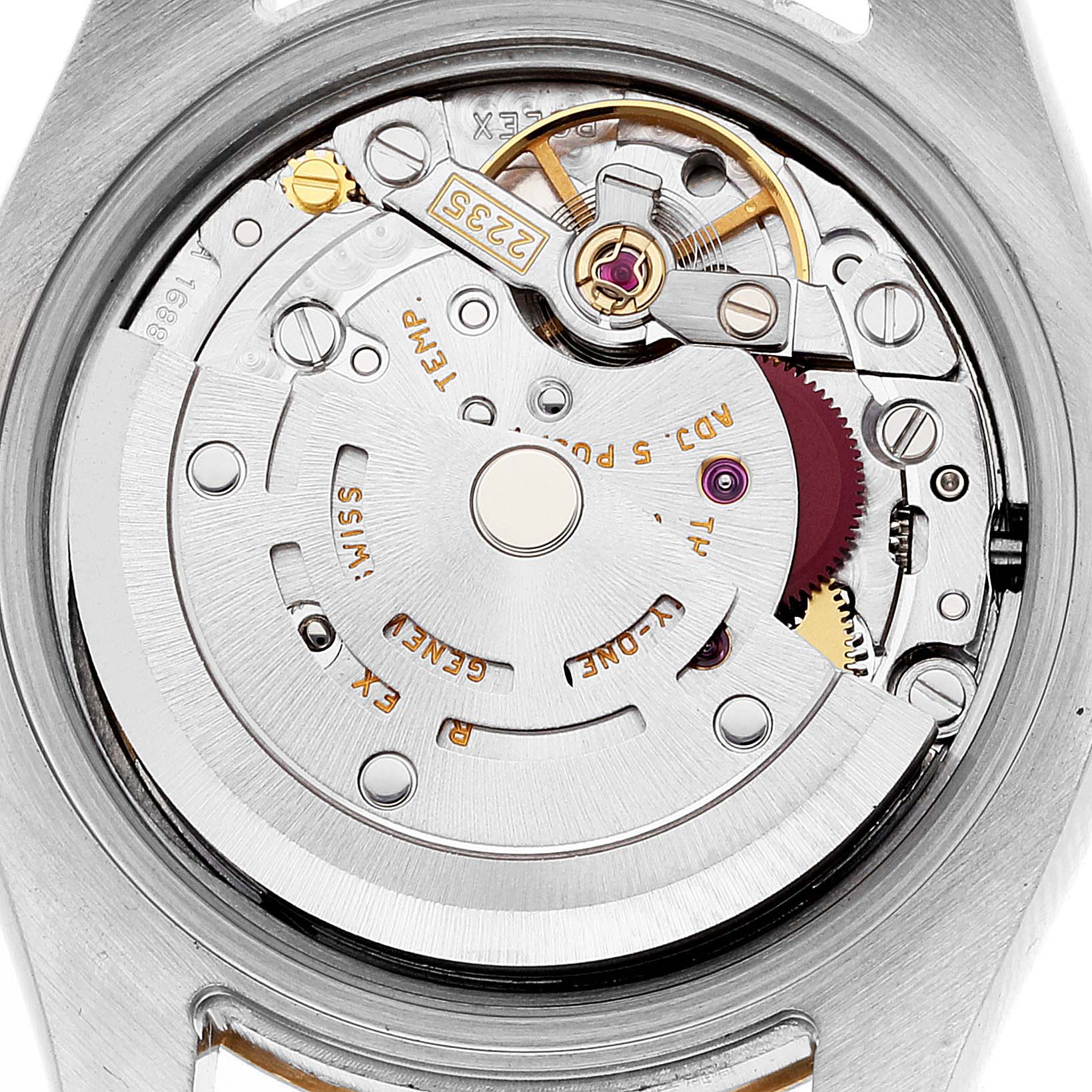 This image shows the movement and mechanical parts of the Rolex Datejust 179173 Women's Steel and Gold (two tone) Mother of Pearl Dial 179173 Women's Steel and Gold (two tone) Mother of Pearl Dial watch from a back angle.