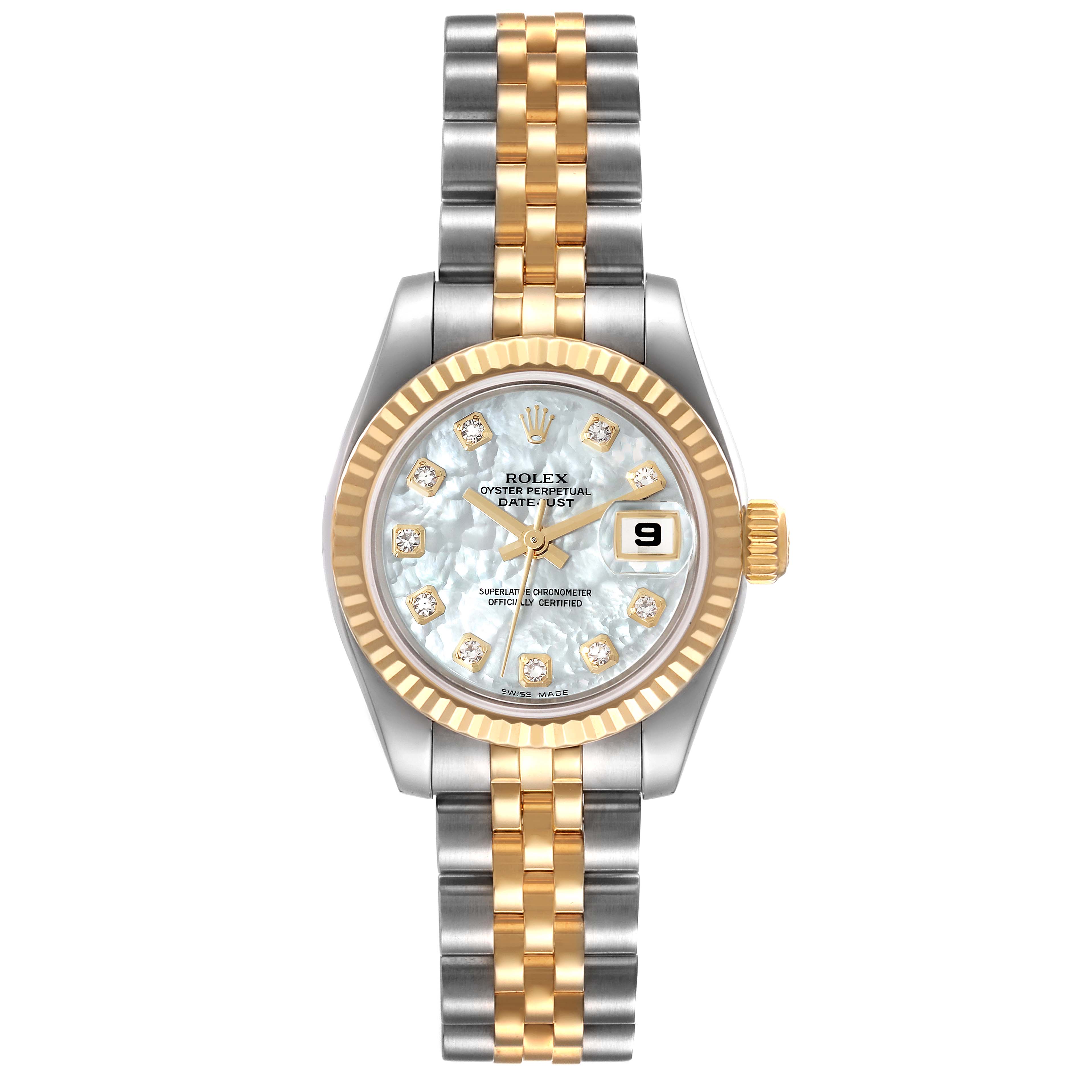 The Rolex Datejust 179173 Women's Steel and Gold (two tone) Mother of Pearl Dial 179173 Women's Steel and Gold (two tone) Mother of Pearl Dial watch is shown from the front, displaying the face, bezel, dial, hands, bracelet, and date window.