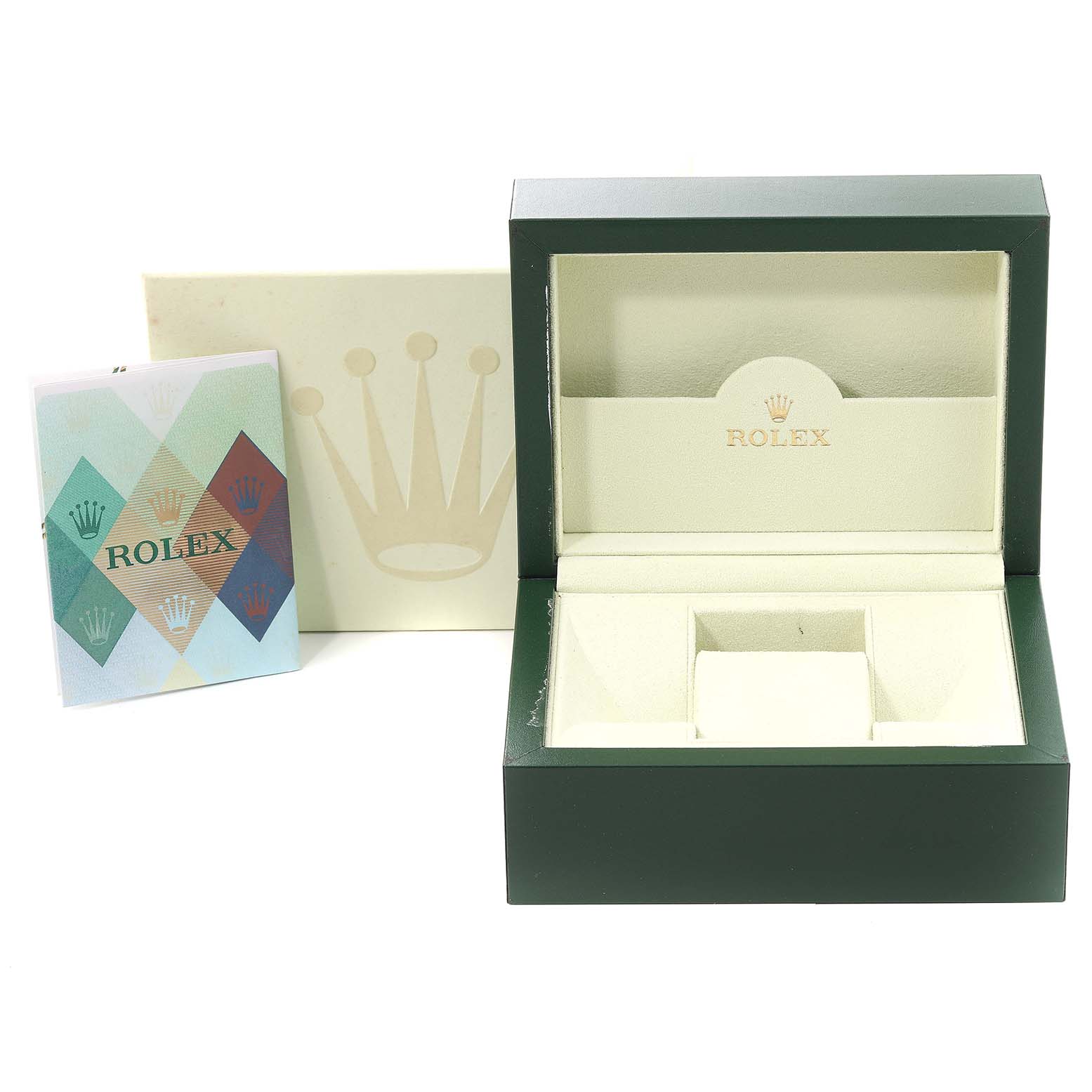 The image shows an open Rolex Datejust 179173 Women's Steel and Gold (two tone) Mother of Pearl Dial 179173 Women's Steel and Gold (two tone) Mother of Pearl Dial watch box along with a booklet and outer box with the Rolex logo.