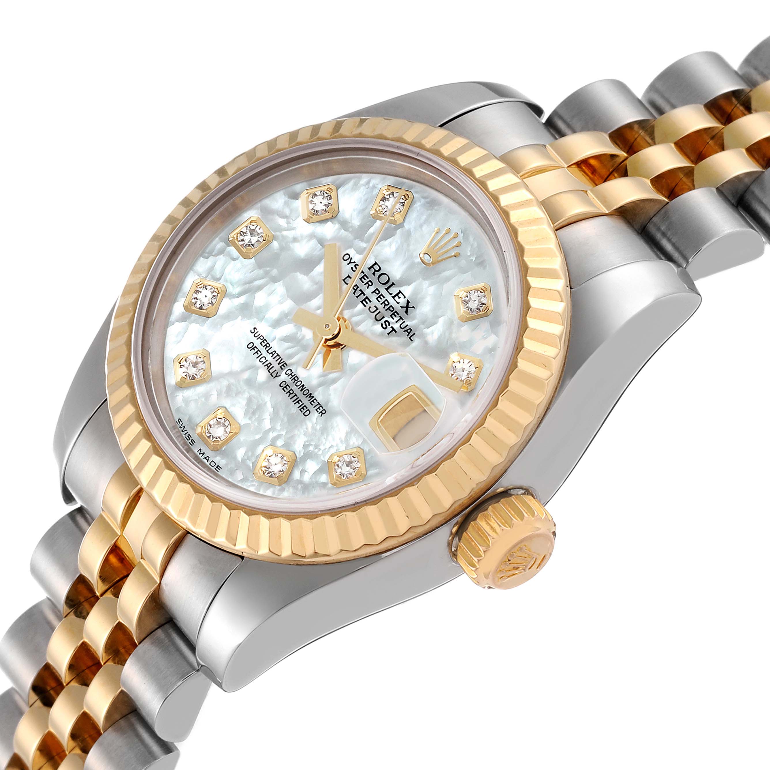 The image shows a close-up angled view of a Rolex Datejust 179173 Women's Steel and Gold (two tone) Mother of Pearl Dial 179173 Women's Steel and Gold (two tone) Mother of Pearl Dial watch, highlighting its face, bezel, crown, and part of the bracelet.