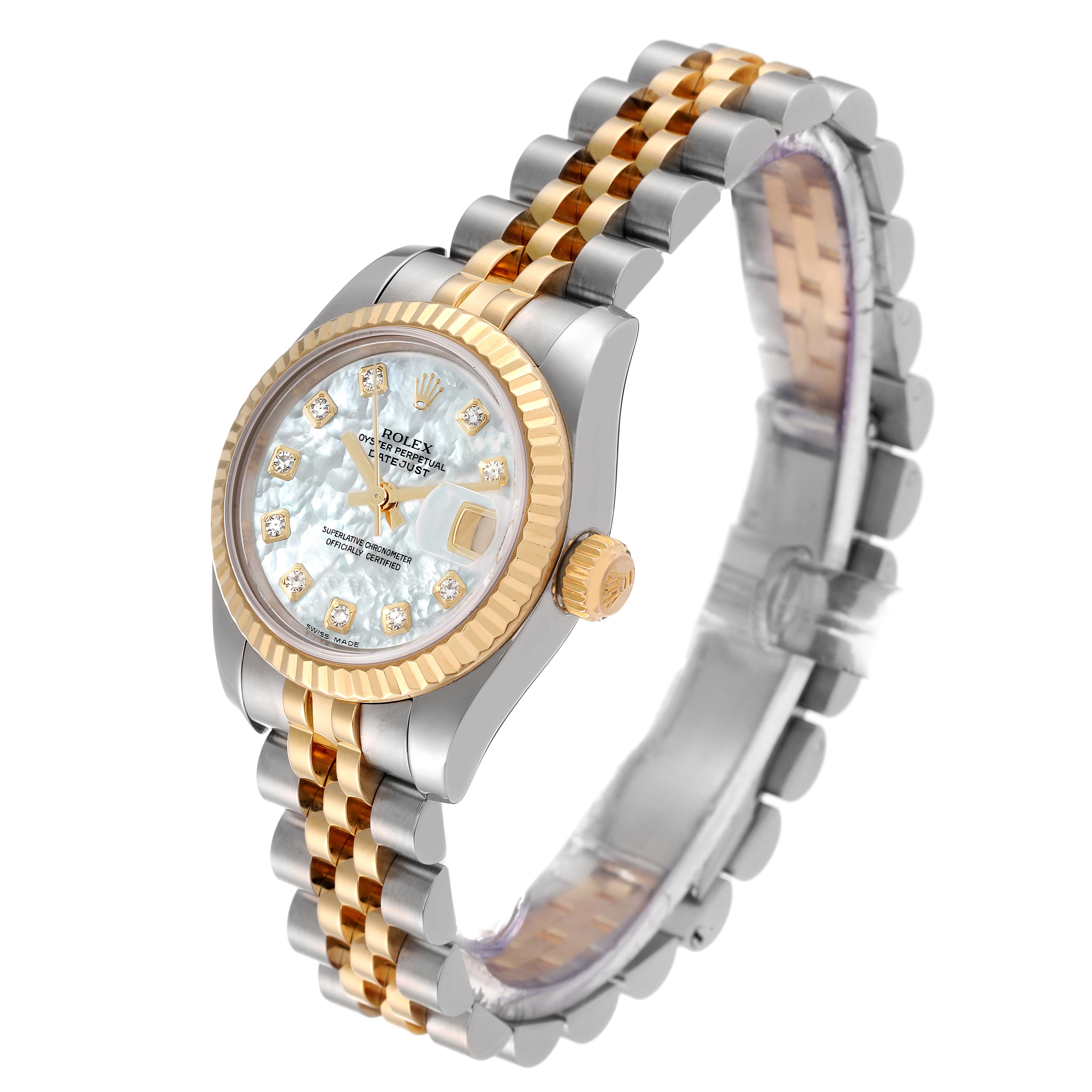 The image shows a Rolex Datejust 179173 Women's Steel and Gold (two tone) Mother of Pearl Dial 179173 Women's Steel and Gold (two tone) Mother of Pearl Dial watch at a three-quarter angle, highlighting its bezel, dial, crown, and two-tone bracelet.