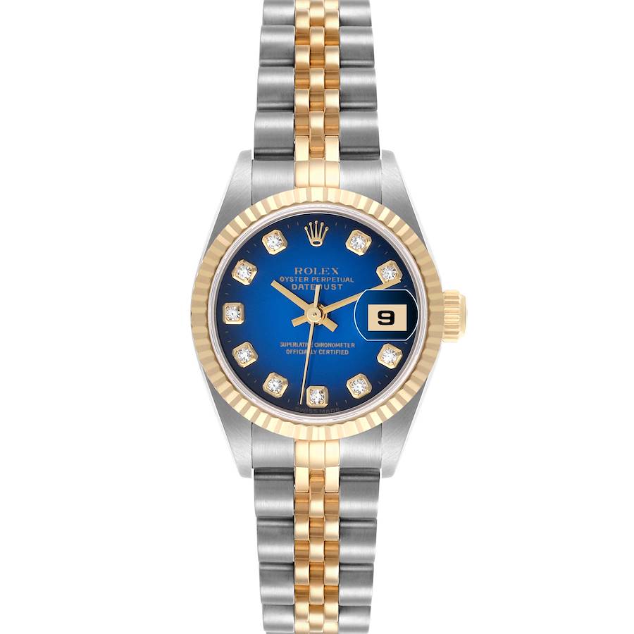 The Rolex Datejust watch is shown from a front angle, displaying the dial, bezel, and two-tone bracelet.