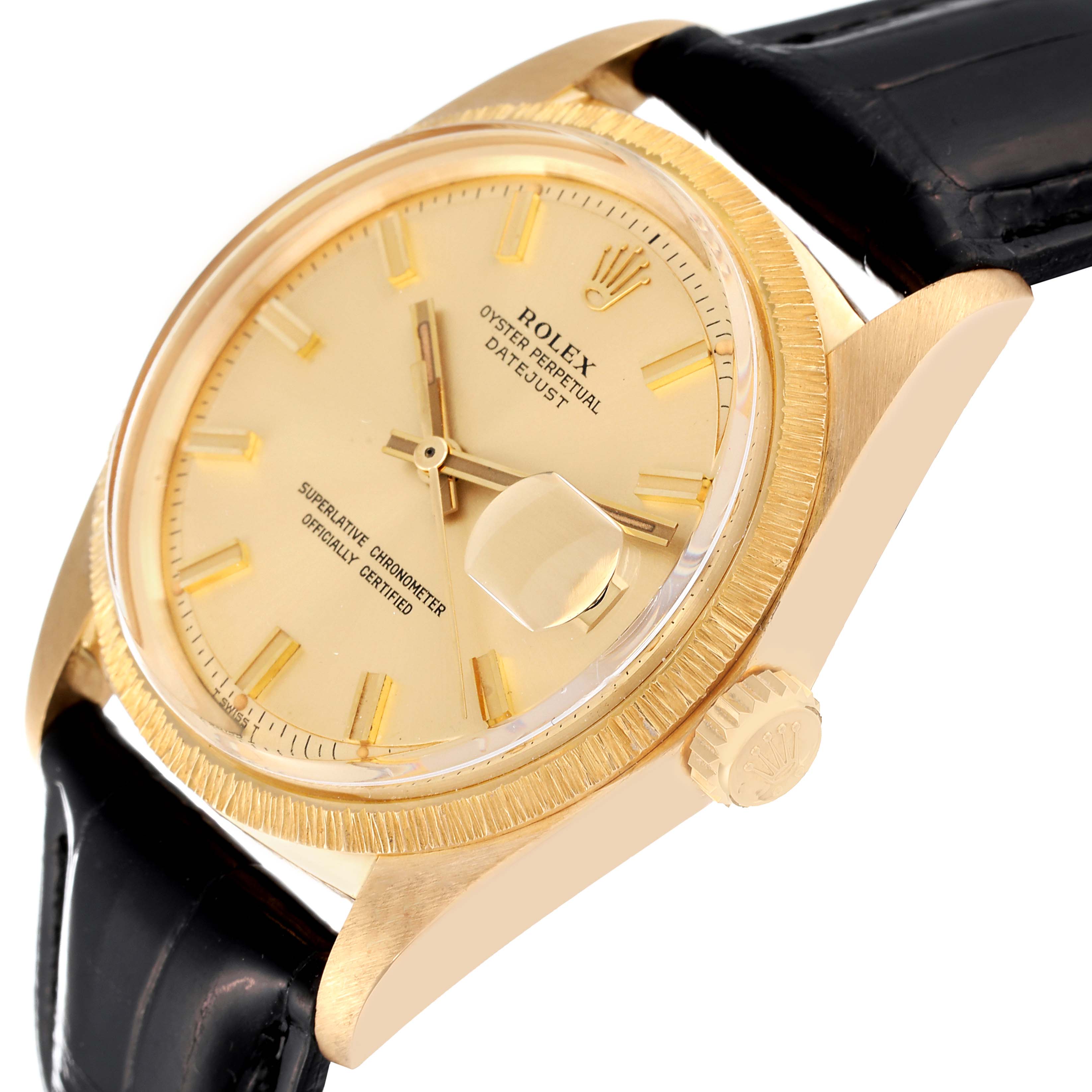 The image shows a close-up angle of a Rolex Vintage Collection 1607 Men's Yellow Gold Champagne Dial 1607 Men's Yellow Gold Champagne Dial watch, highlighting the face, bezel, crown, and strap.