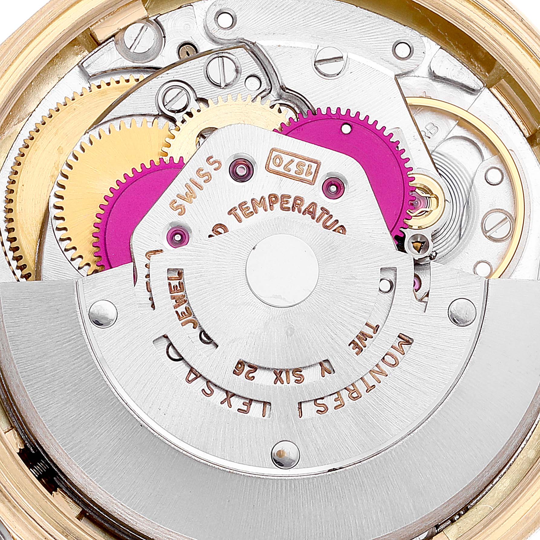 The image shows the internal movement mechanism parts of a Rolex Vintage Collection 1607 Men's Yellow Gold Champagne Dial 1607 Men's Yellow Gold Champagne Dial watch from an overhead angle.