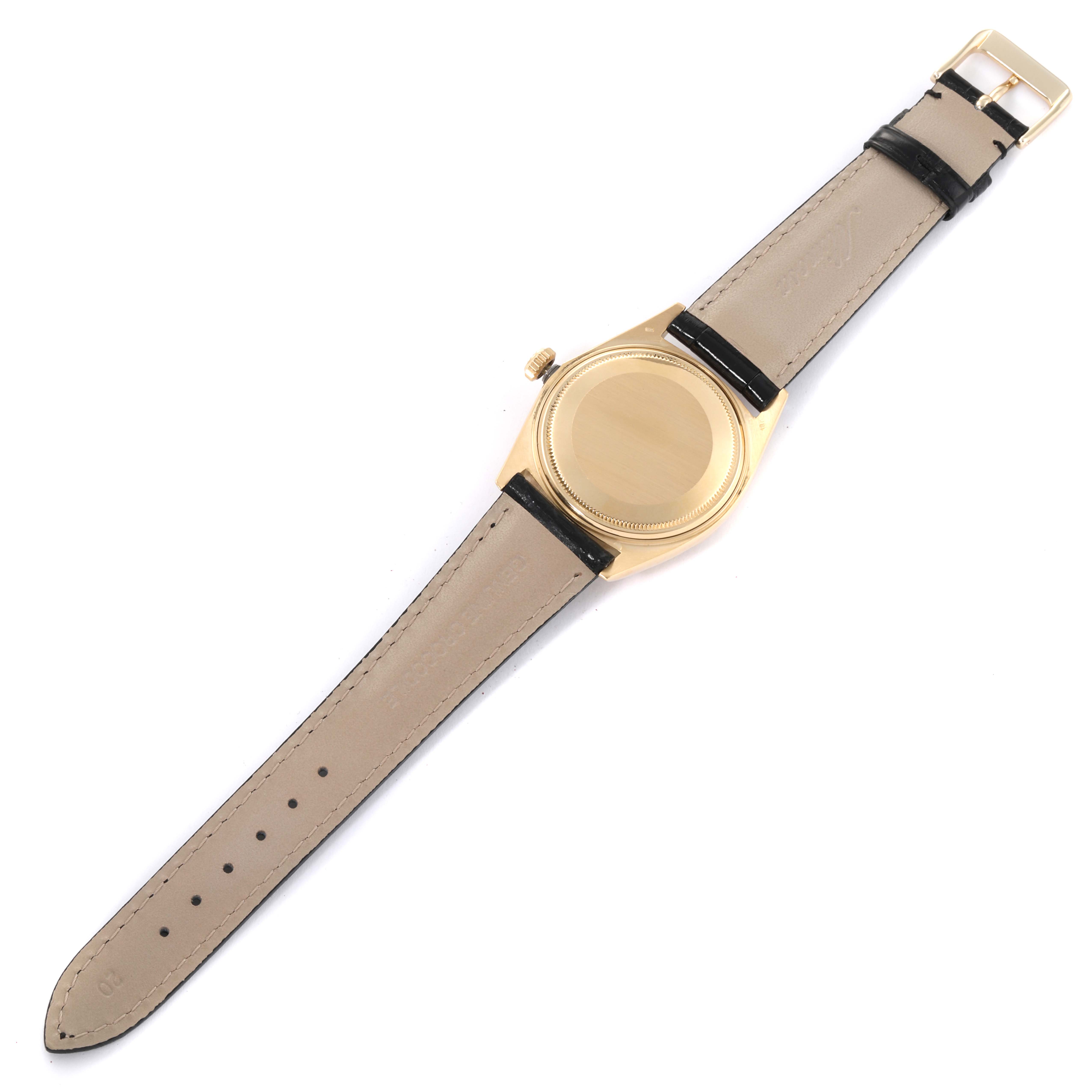 This image shows the back view of the Vintage Collection model by Rolex, highlighting the case back and leather strap.