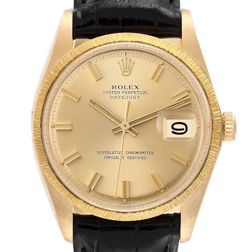 Photo of Rolex Datejust Yellow Gold Bark Finish Wide Boy Dial Vintage Mens Watch 1607