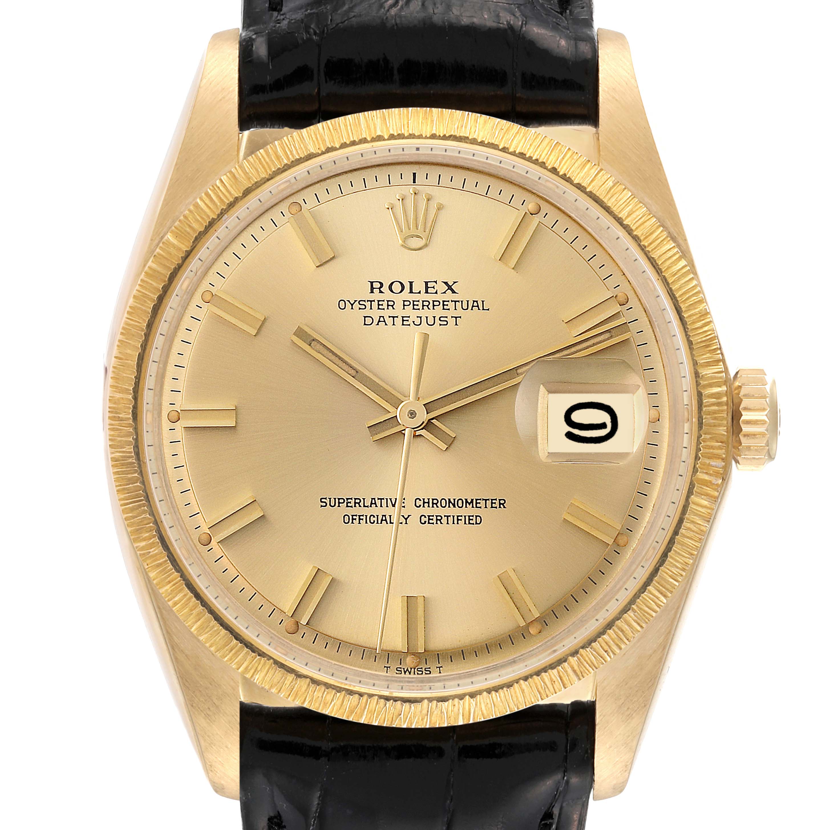 The Rolex Vintage Collection 1607 Men's Yellow Gold Champagne Dial 1607 Men's Yellow Gold Champagne Dial model is shown from a front angle, showcasing the face, bezel, and black leather strap.