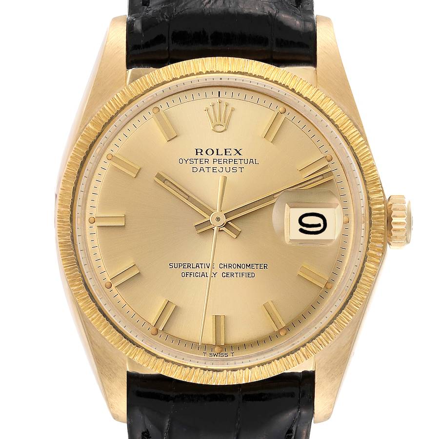Rolex Datejust Yellow Gold Bark Finish Wide Boy Dial Vintage Mens Watch 1607 SwissWatchExpo