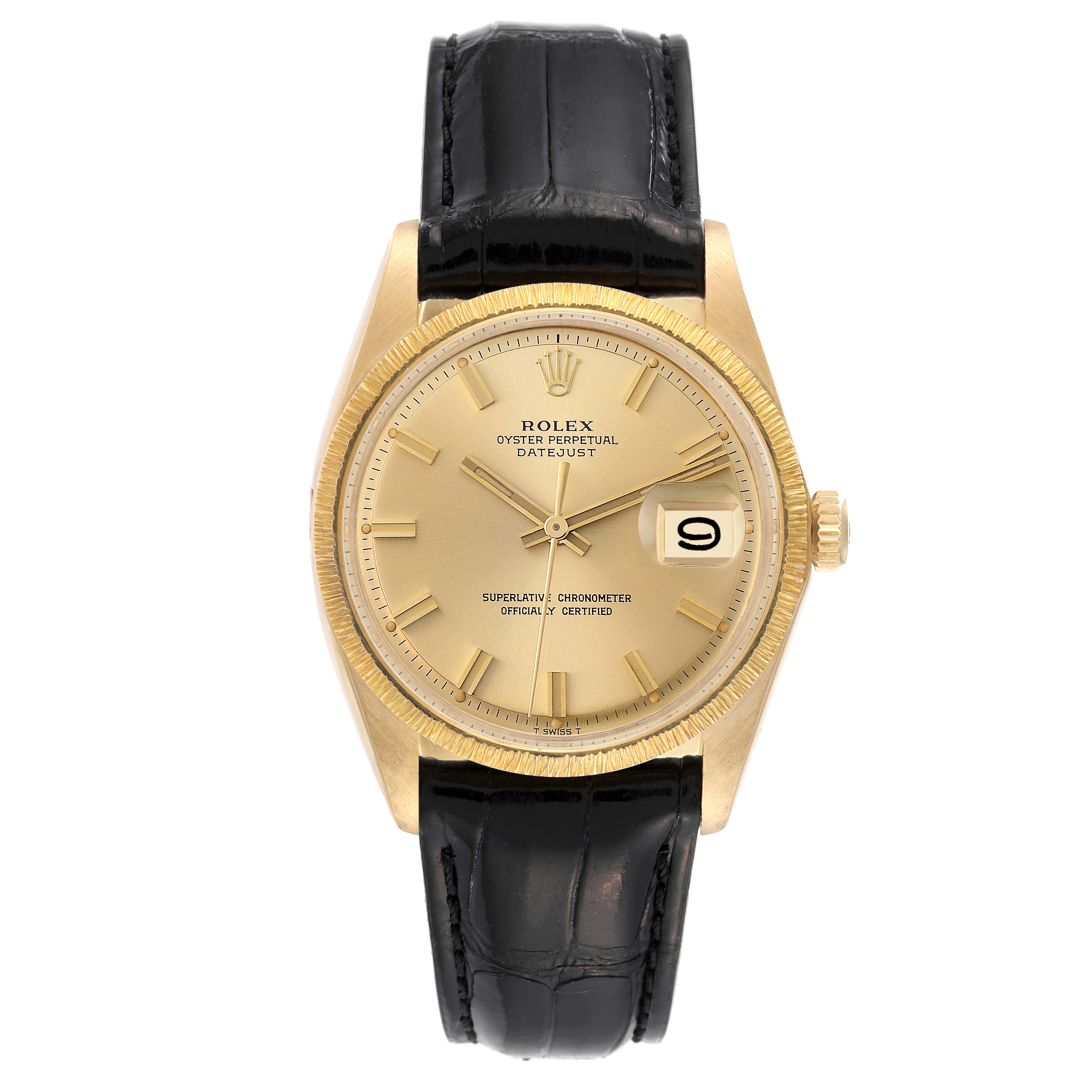 The image shows a frontal view of a Rolex Vintage Collection 1607 Men's Yellow Gold Champagne Dial 1607 Men's Yellow Gold Champagne Dial watch, highlighting its dial, bezel, and leather strap.