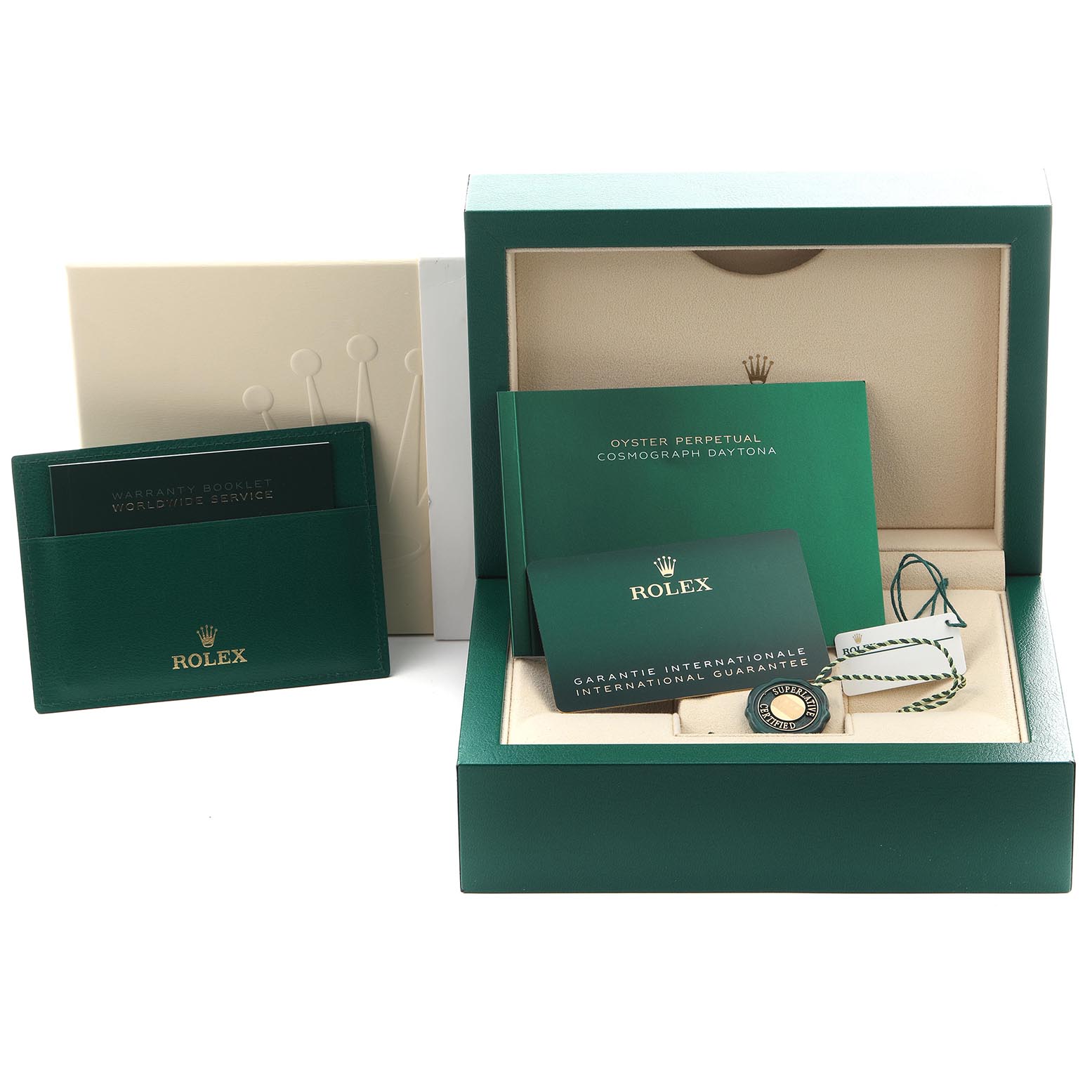The image shows a Rolex Daytona 116500 Men's Stainless Steel Black Dial 116500 Men's Stainless Steel Black Dial watch box, warranty cards, manuals, and a tag from a frontal angle.