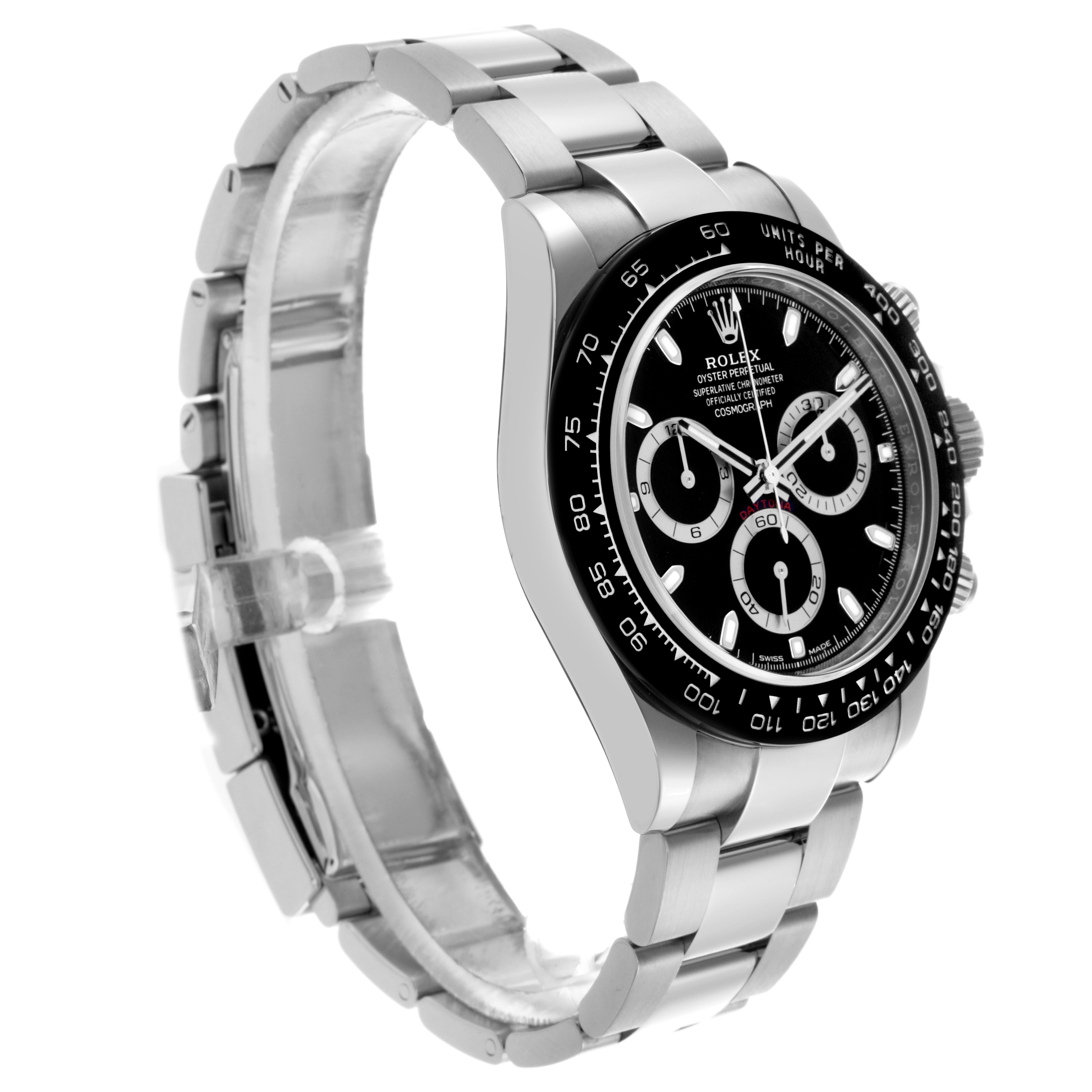 The Rolex Daytona 116500 Men's Stainless Steel Black Dial 116500 Men's Stainless Steel Black Dial is shown at an angled side view, displaying its bracelet, bezel, and face with sub-dials.
