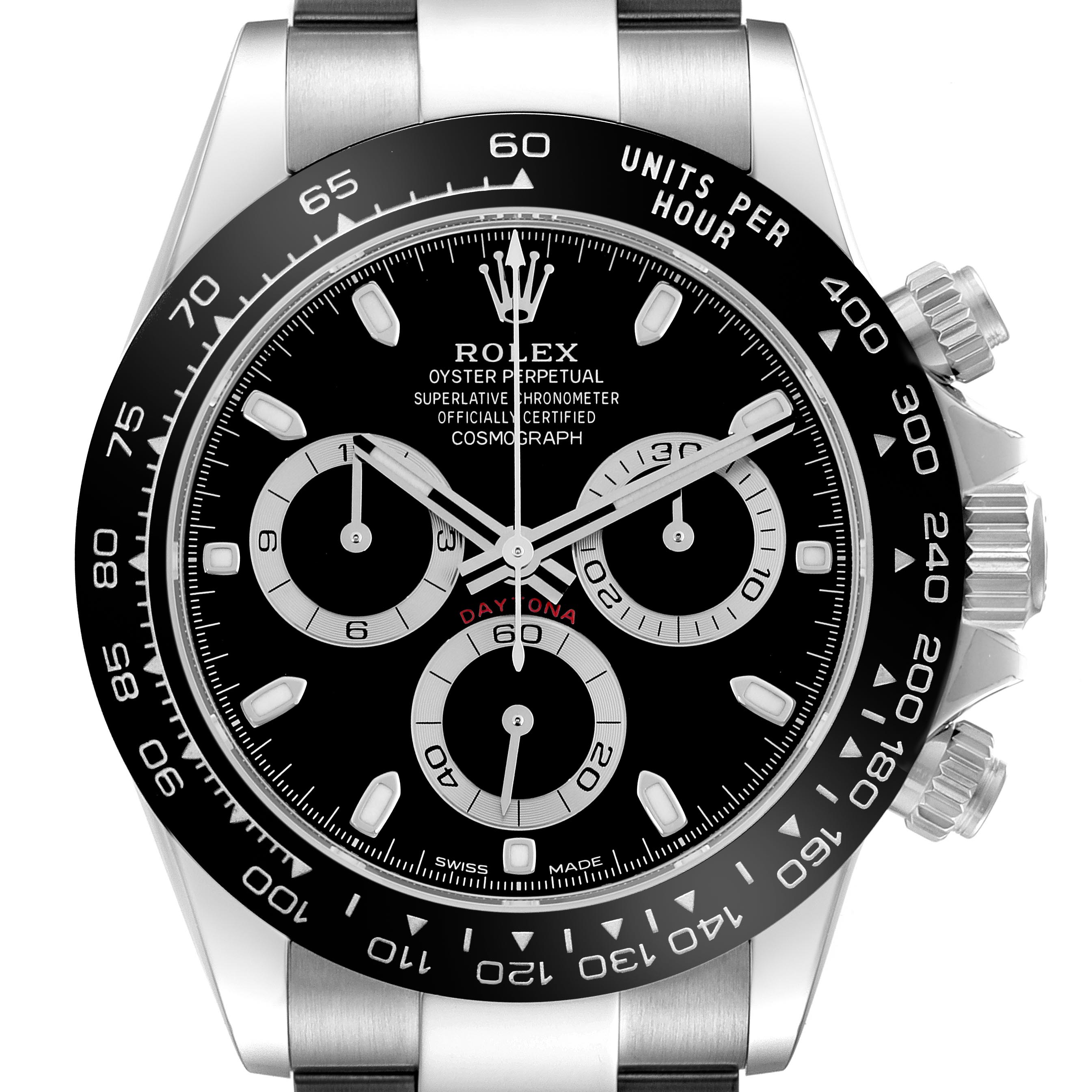 The Rolex Daytona 116500 Men's Stainless Steel Black Dial 116500 Men's Stainless Steel Black Dial is shown from a front angle, highlighting its dial, bezel, subdials, crown, and pushers.