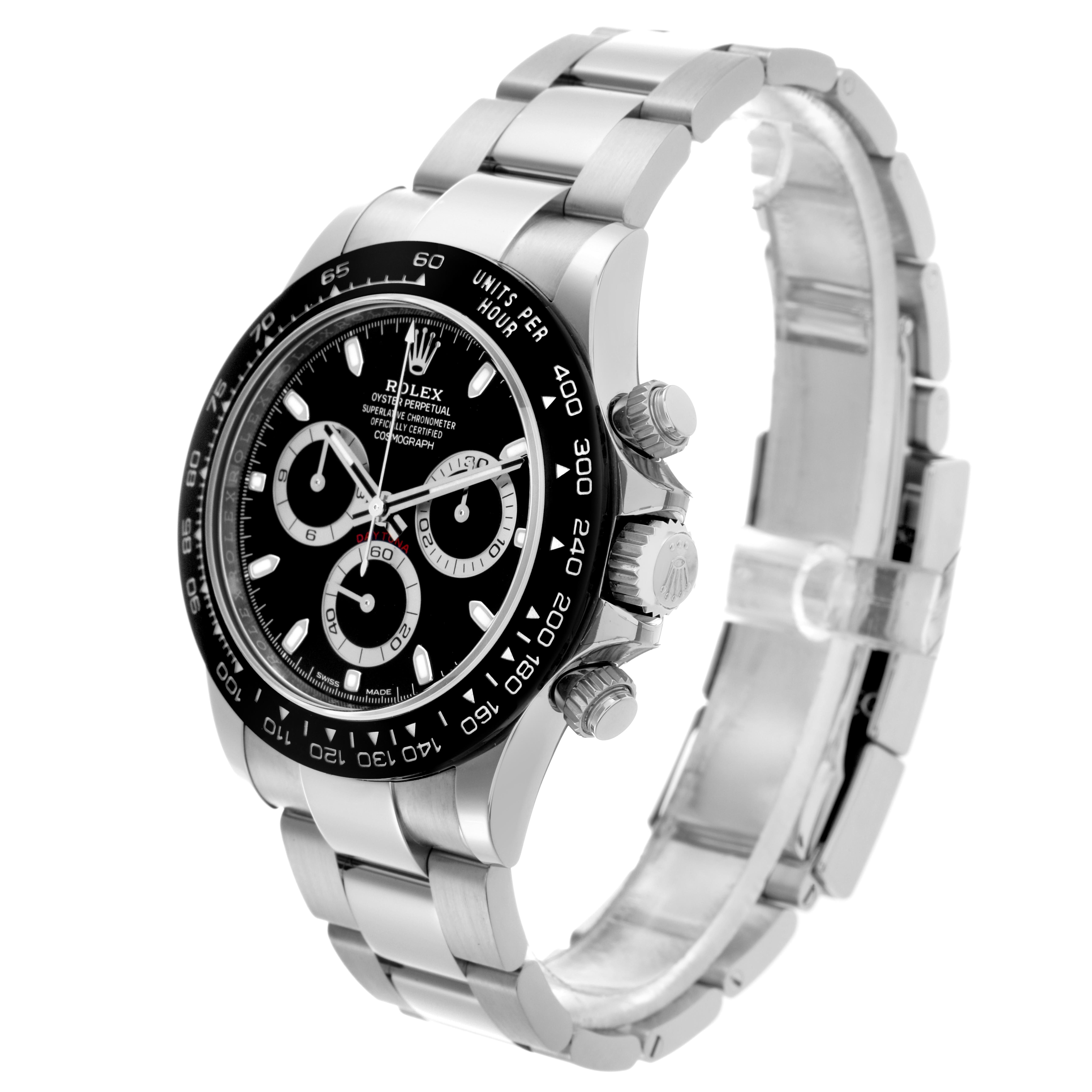 The Rolex Daytona 116500 Men's Stainless Steel Black Dial 116500 Men's Stainless Steel Black Dial watch is shown at a slight side angle, displaying the face, bezel, crown, pushers, and part of the bracelet.