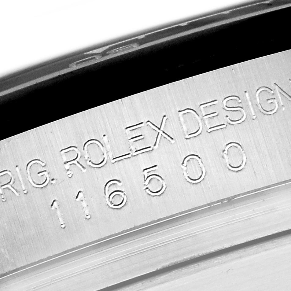 The image shows an engraved side view of a Rolex Daytona 116500 Men's Stainless Steel Black Dial 116500 Men's Stainless Steel Black Dial model, displaying the model and design numbers.