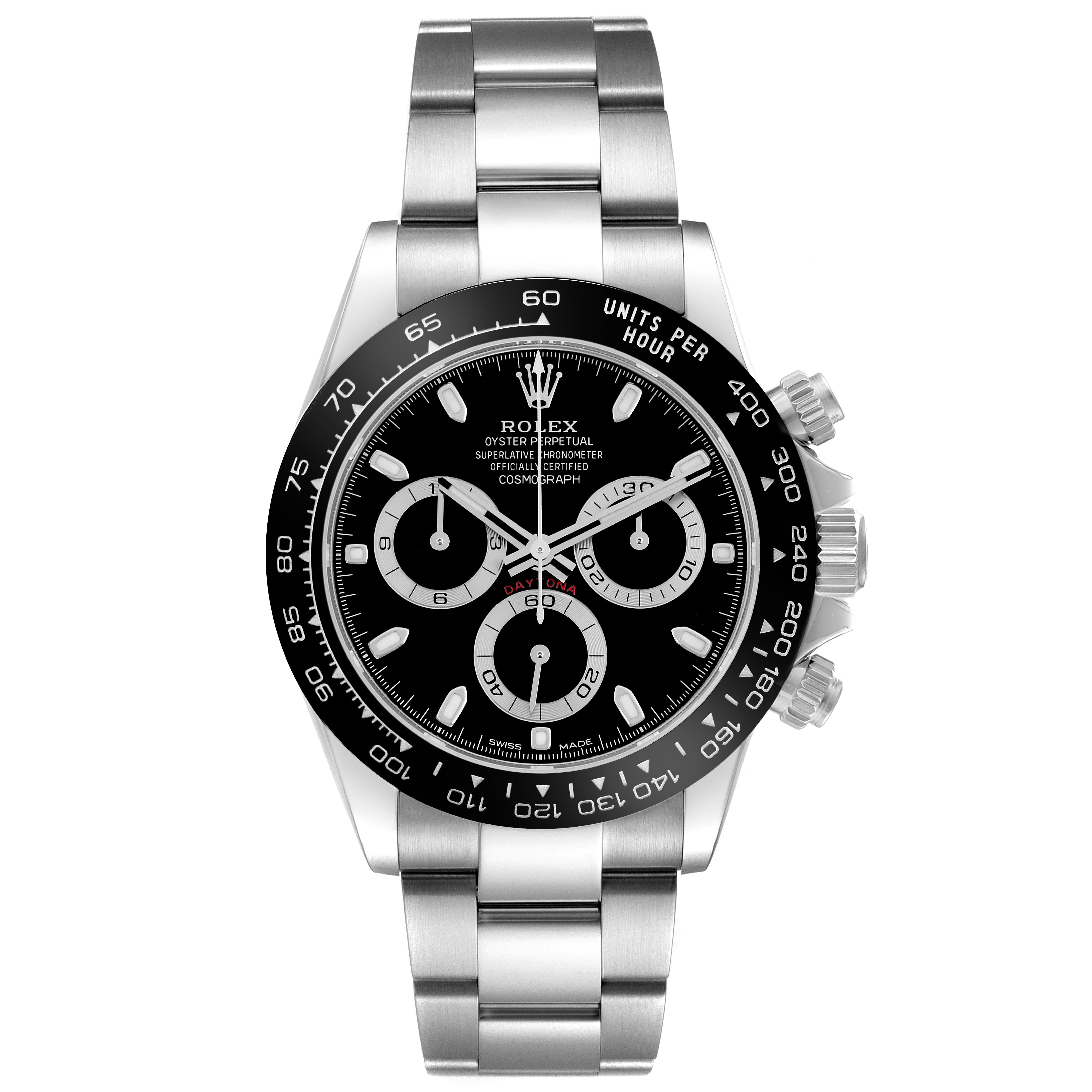 The Rolex Daytona 116500 Men's Stainless Steel Black Dial 116500 Men's Stainless Steel Black Dial watch is shown from a front angle, displaying the dial, bezel, pushers, and bracelet.