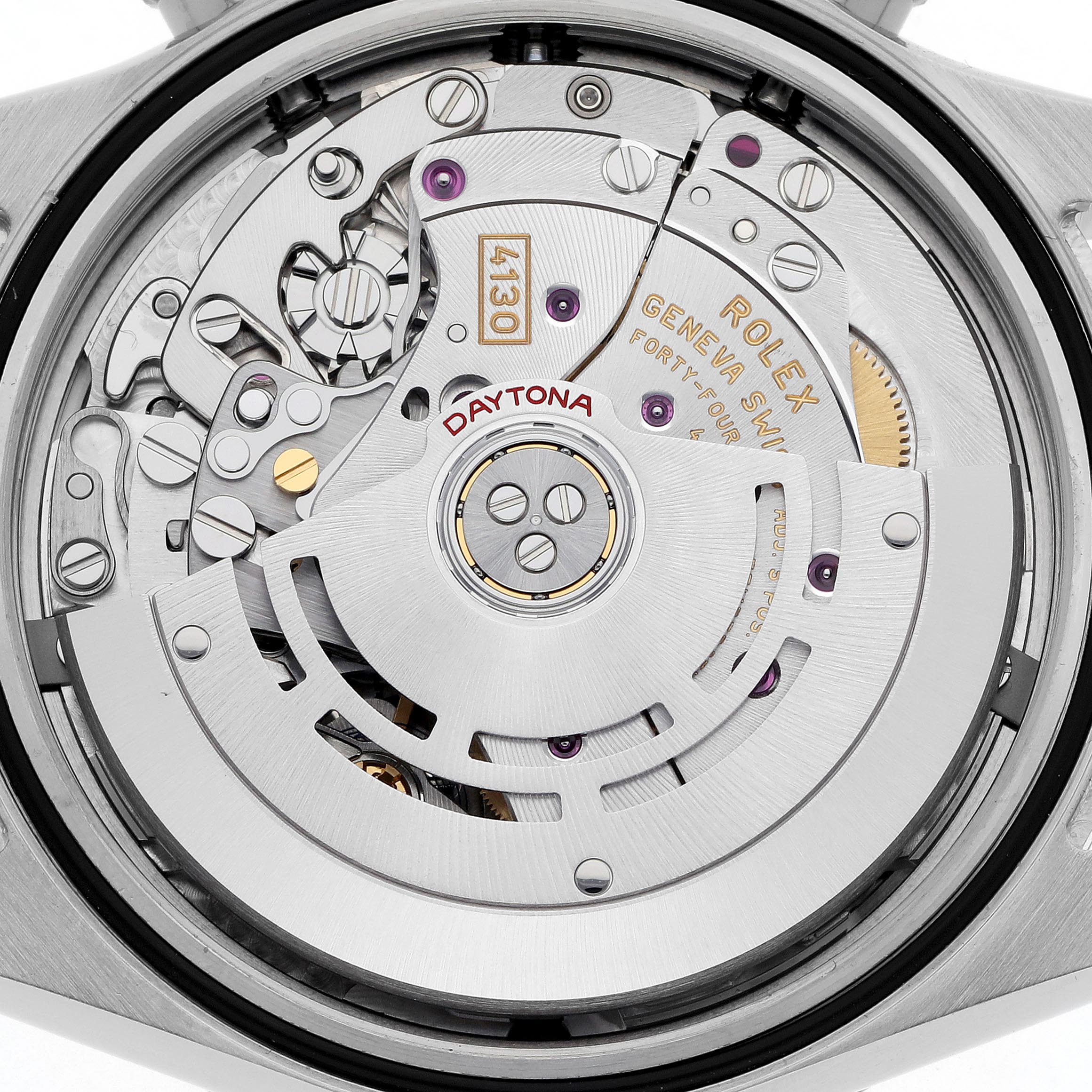 The image shows a close-up of the Rolex Daytona 116500 Men's Stainless Steel Black Dial 116500 Men's Stainless Steel Black Dial's movement, highlighting its intricate mechanical components.