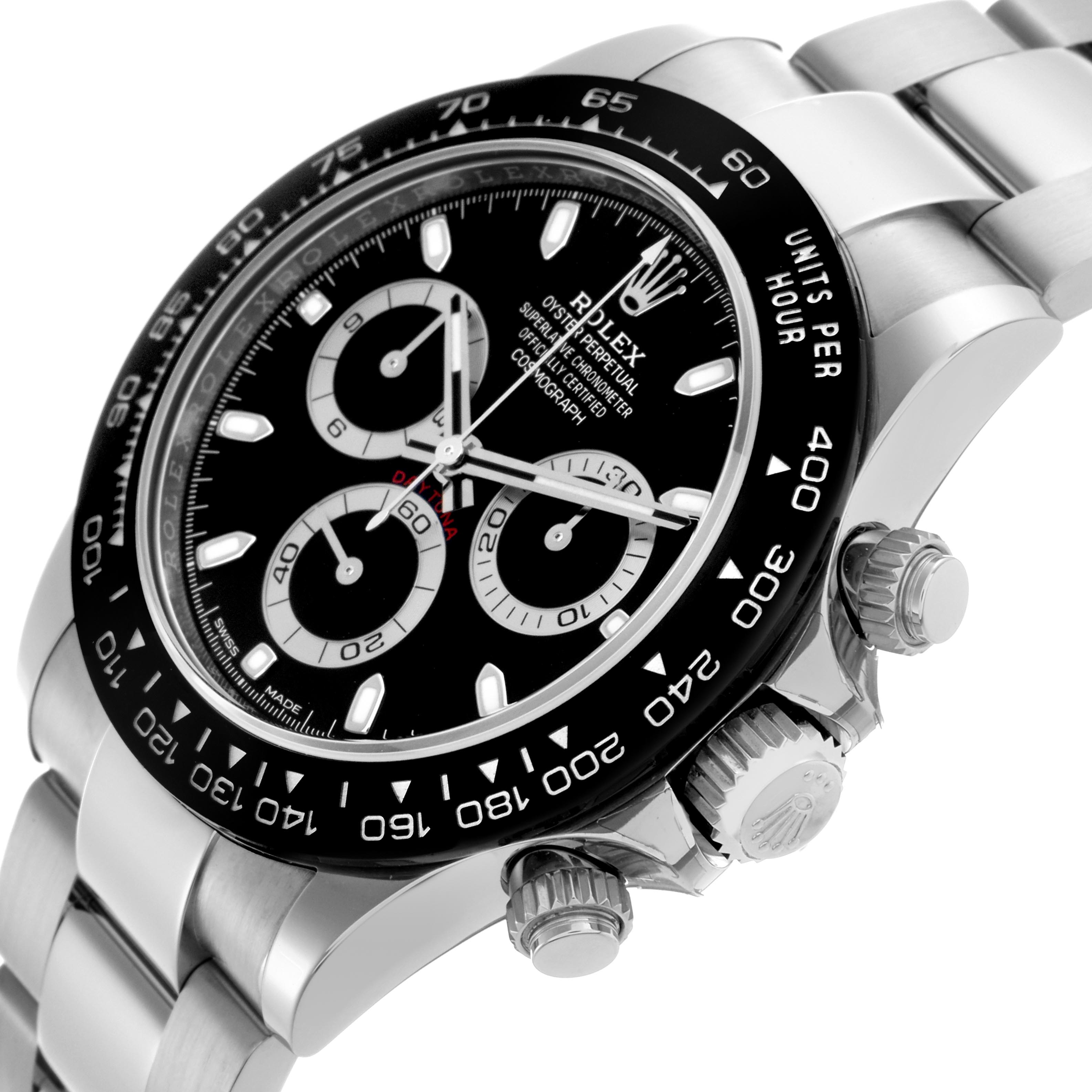 The image shows a Rolex Daytona 116500 Men's Stainless Steel Black Dial 116500 Men's Stainless Steel Black Dial watch at an angled view, highlighting the dial, bezel, crown, and chronograph pushers.