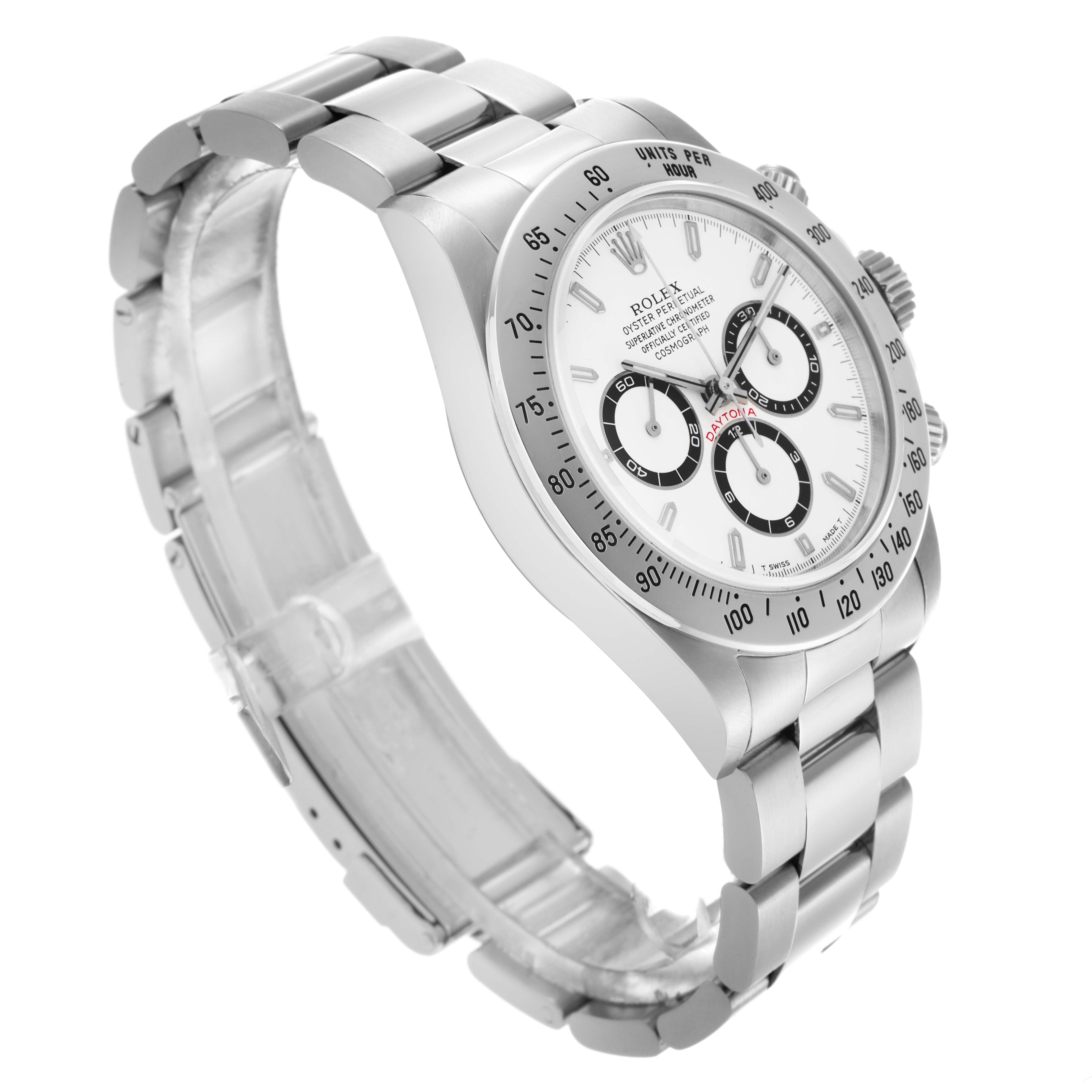 The Rolex Daytona 16520 Men
s Stainless Steel White Dial 16520 Men
s Stainless Steel White Dial watch is shown at a three-quarter angle, featuring the face, bezel, chrono dials, and part of the bracelet.