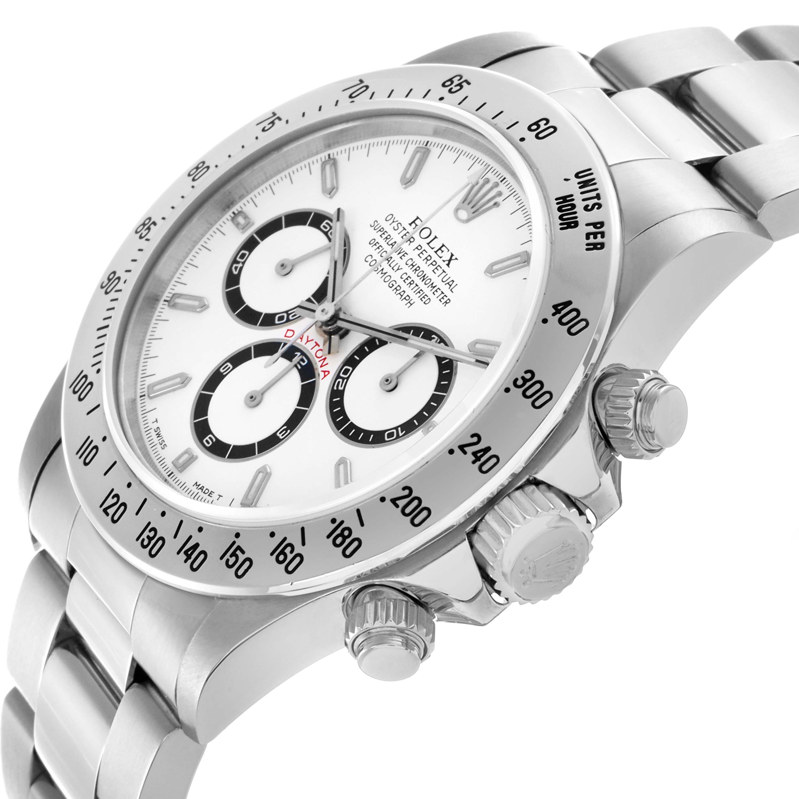 The Rolex Daytona 16520 Men
s Stainless Steel White Dial 16520 Men
s Stainless Steel White Dial watch is shown at a three-quarter angle highlighting the dial, bezel, crown, and part of the bracelet.