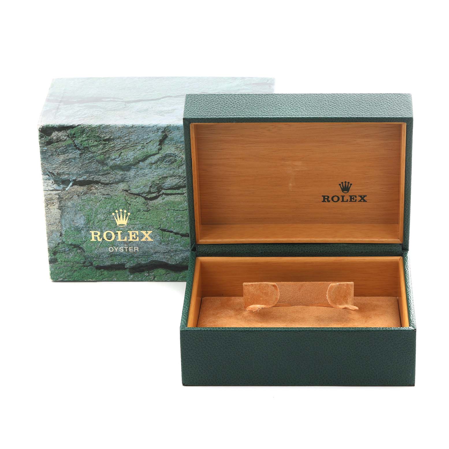 The image shows an open green Rolex Oyster box and its outer packaging, both branded, with no watch visible.